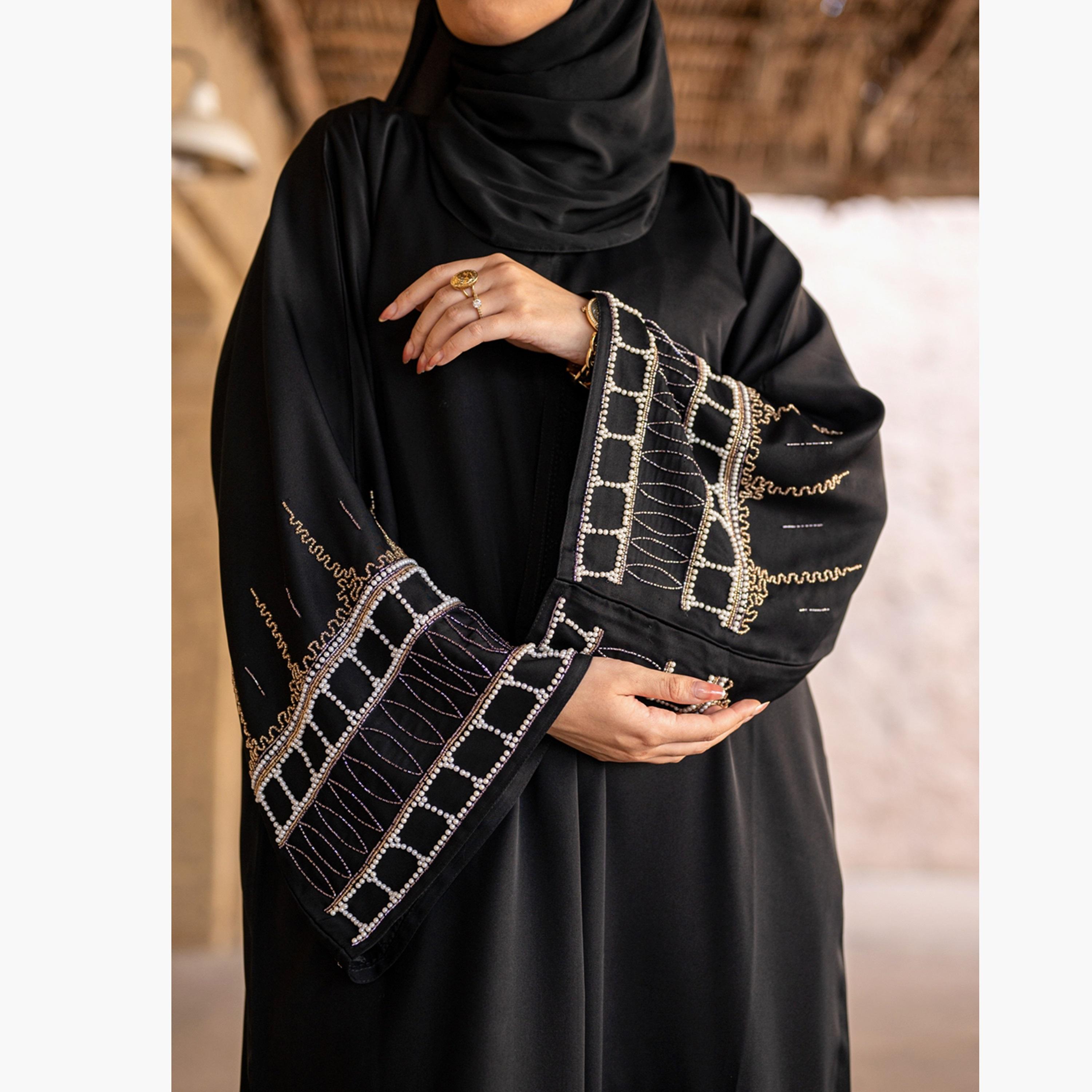 Nukhbaa Plain Beaded & Sequins Detailed Sleeves Abaya with Hijab-women-arabicclothing-abayas-image-2