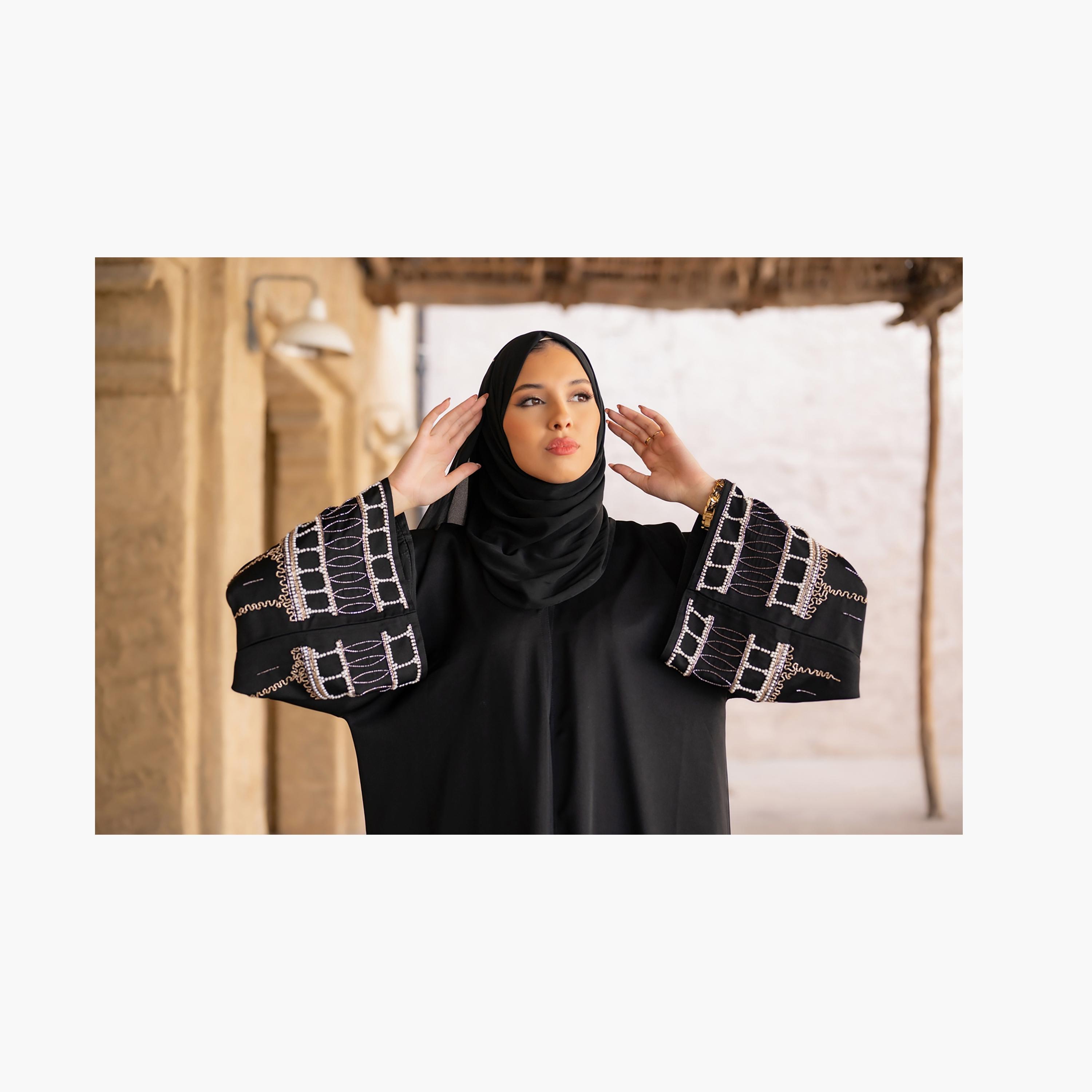 Nukhbaa Plain Beaded & Sequins Detailed Sleeves Abaya with Hijab-women-arabicclothing-abayas-image-3