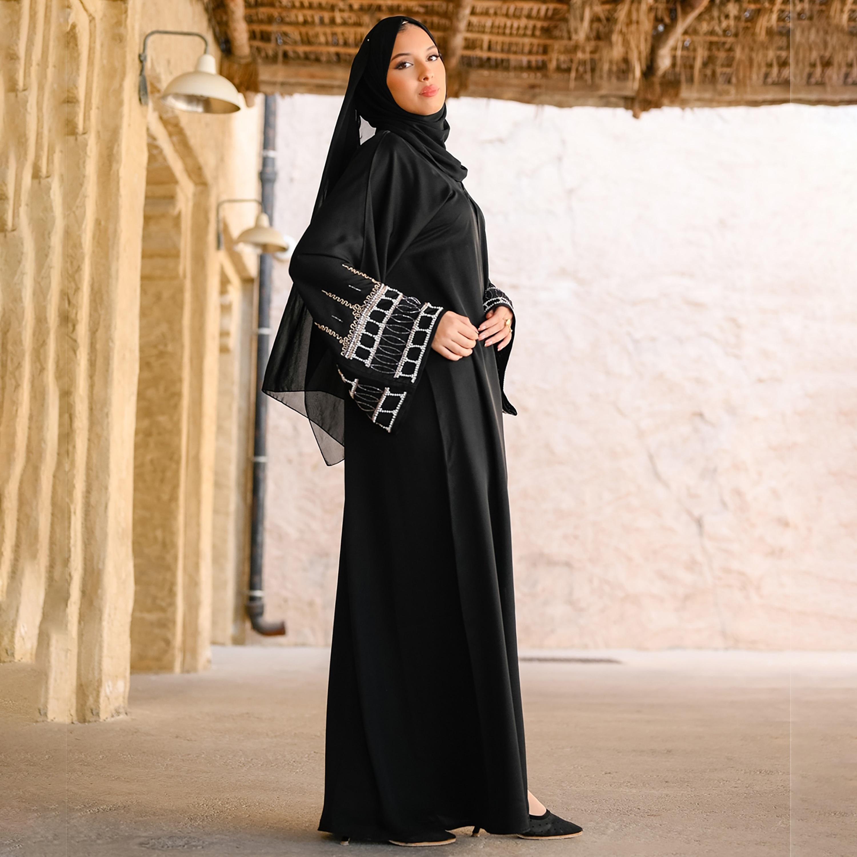 Nukhbaa Plain Beaded & Sequins Detailed Sleeves Abaya with Hijab-women-arabicclothing-abayas-image-4