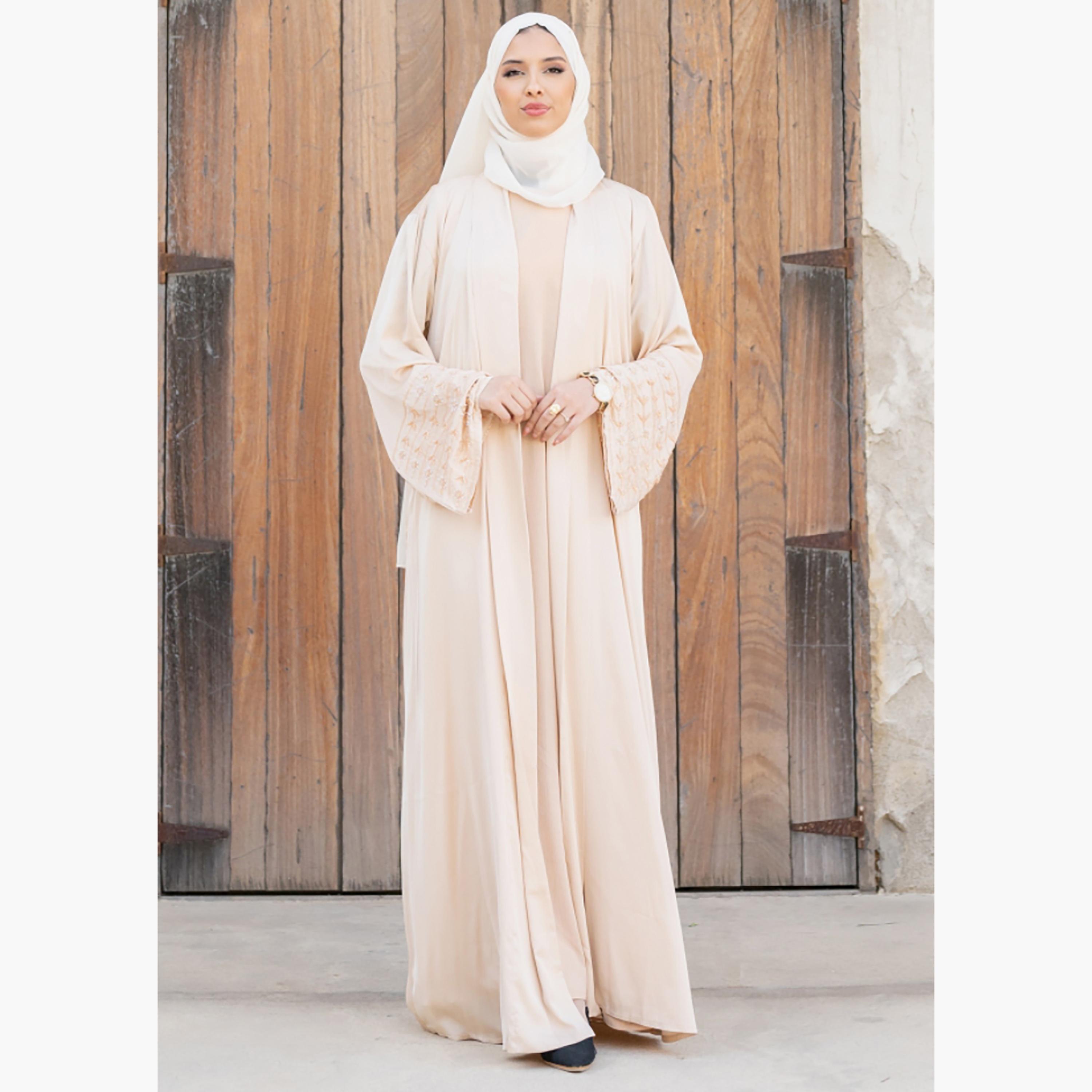 Nukhbaa Plain Beaded Detailed Sleeves Abaya with Hijab-women-arabicclothing-abayas-image-1