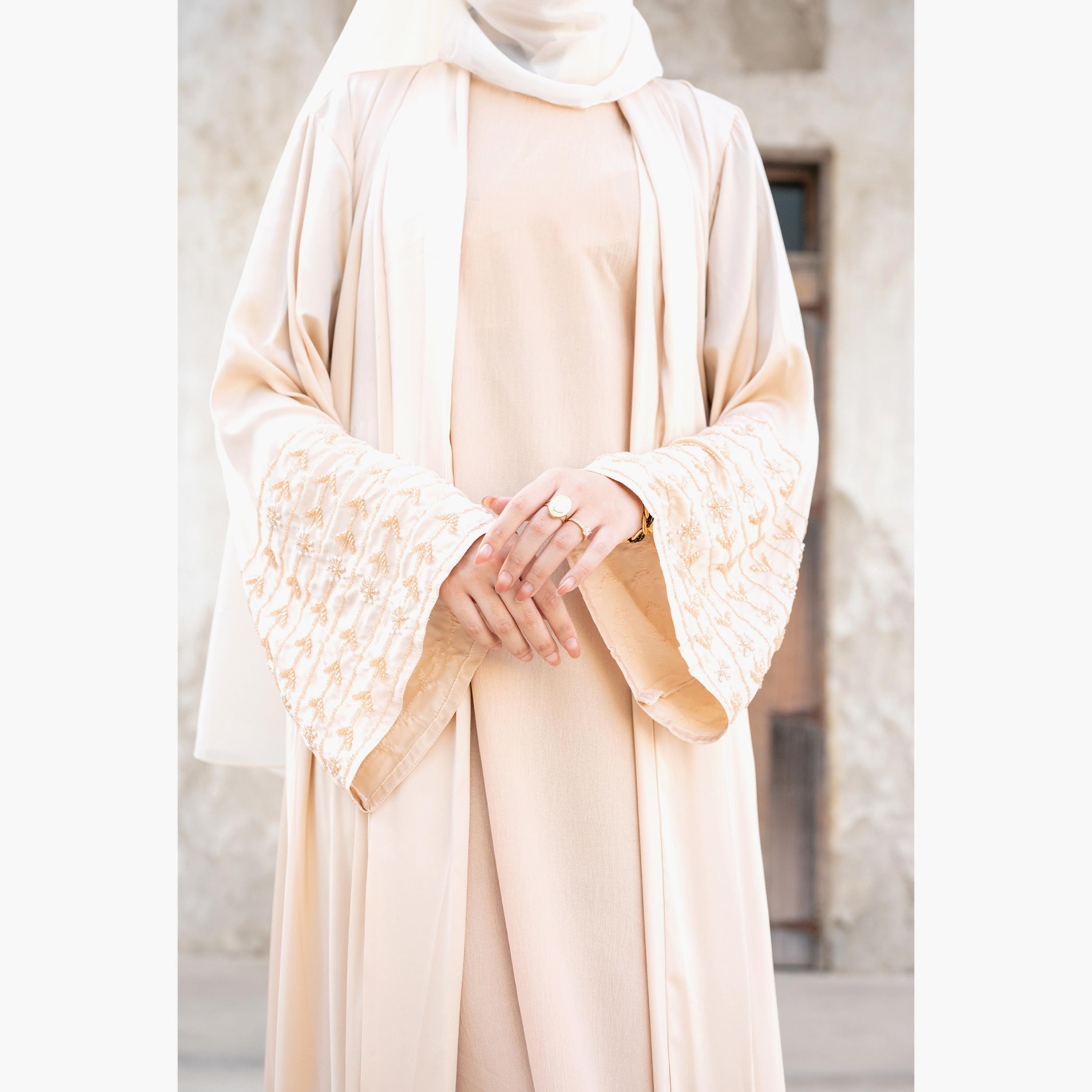 Nukhbaa Plain Beaded Detailed Sleeves Abaya with Hijab-women-arabicclothing-abayas-image-2