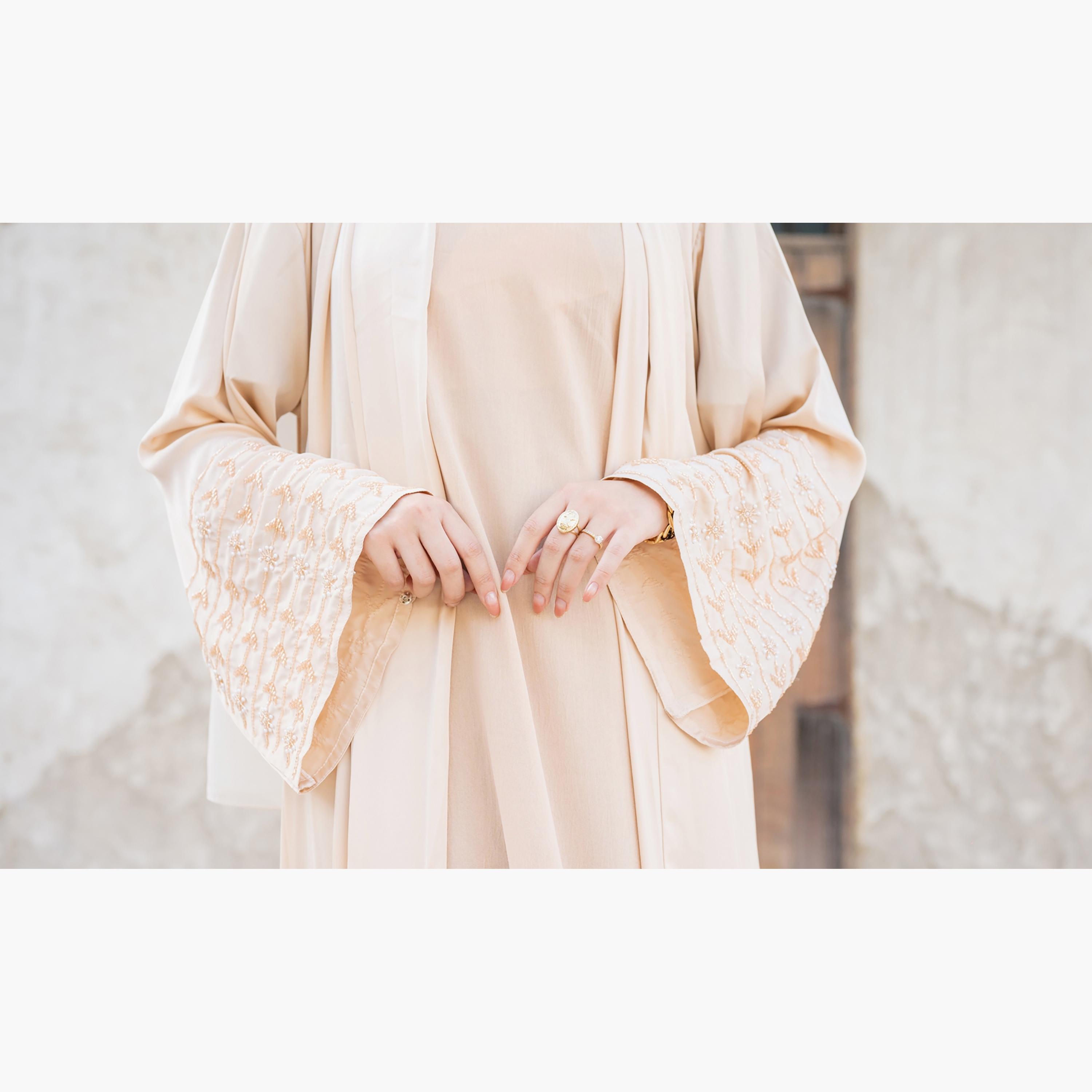 Nukhbaa Plain Beaded Detailed Sleeves Abaya with Hijab-women-arabicclothing-abayas-image-3
