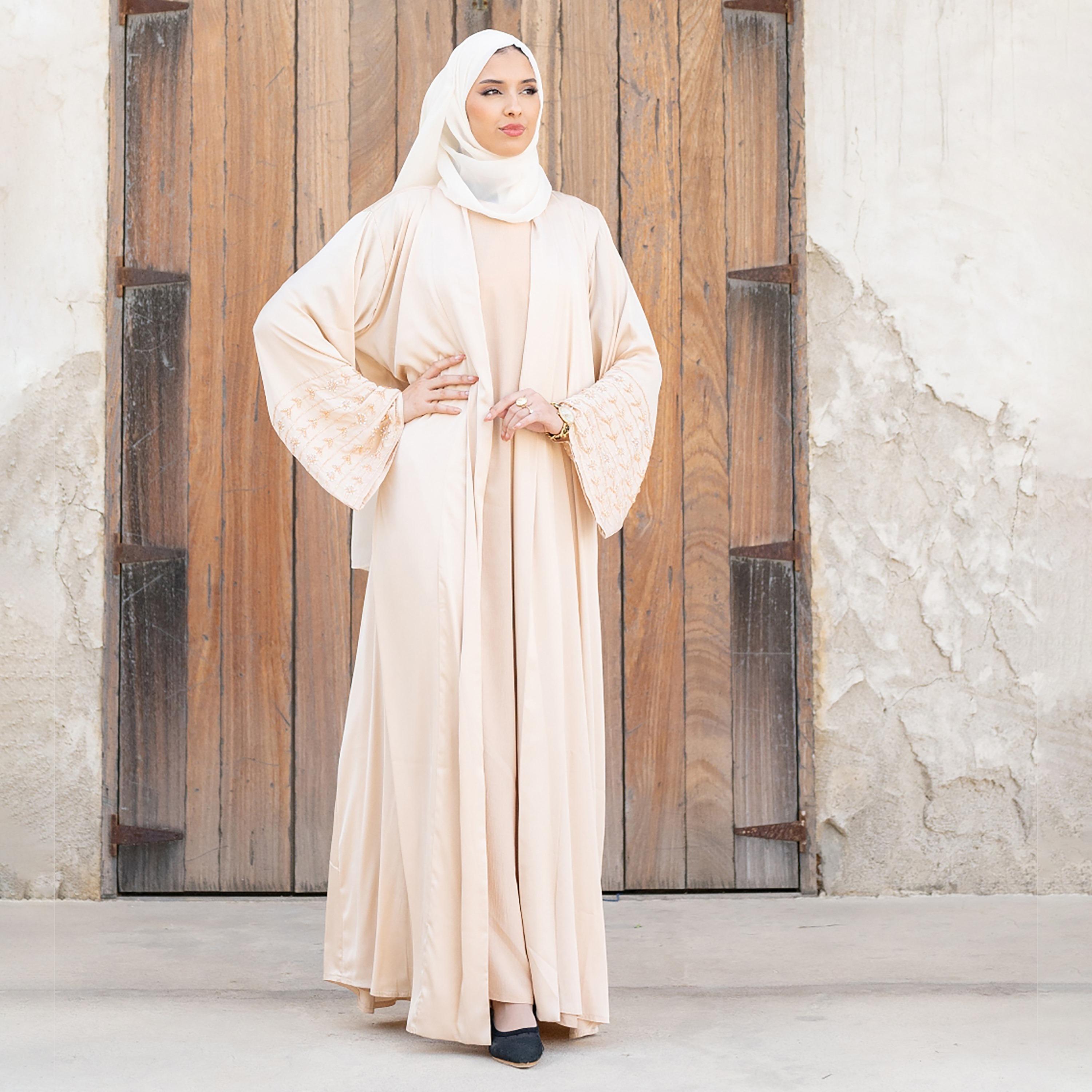 Nukhbaa Plain Beaded Detailed Sleeves Abaya with Hijab-women-arabicclothing-abayas-image-4