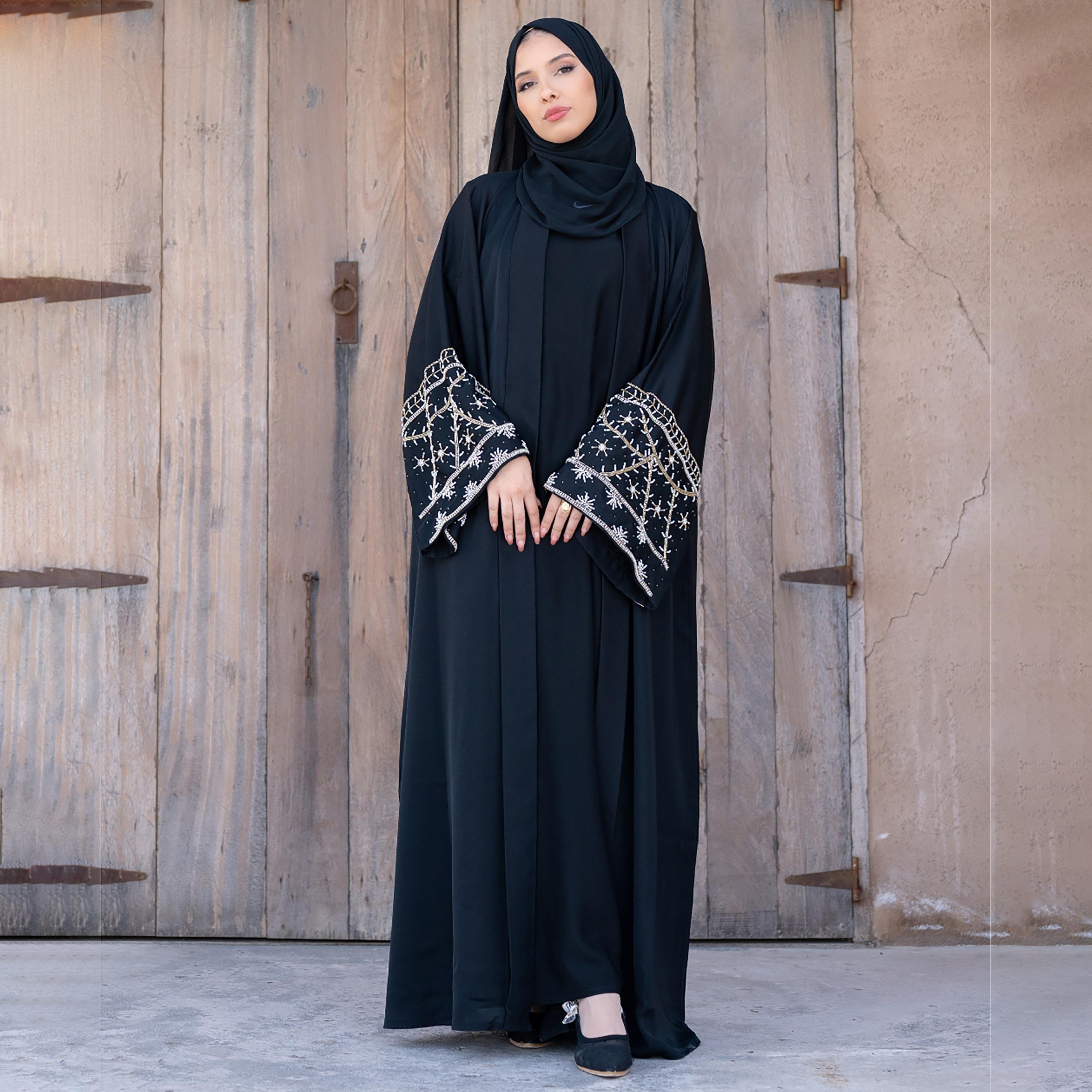Nukhbaa Plain Beaded Detailed Sleeves Abaya with Hijab-women-arabicclothing-abayas-image-1