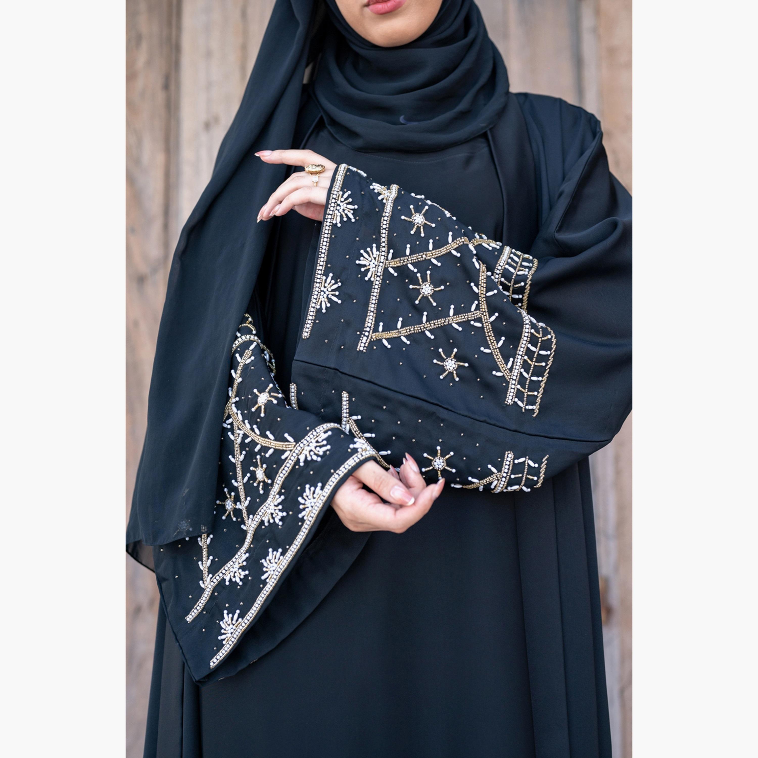 Nukhbaa Plain Beaded Detailed Sleeves Abaya with Hijab-women-arabicclothing-abayas-image-2