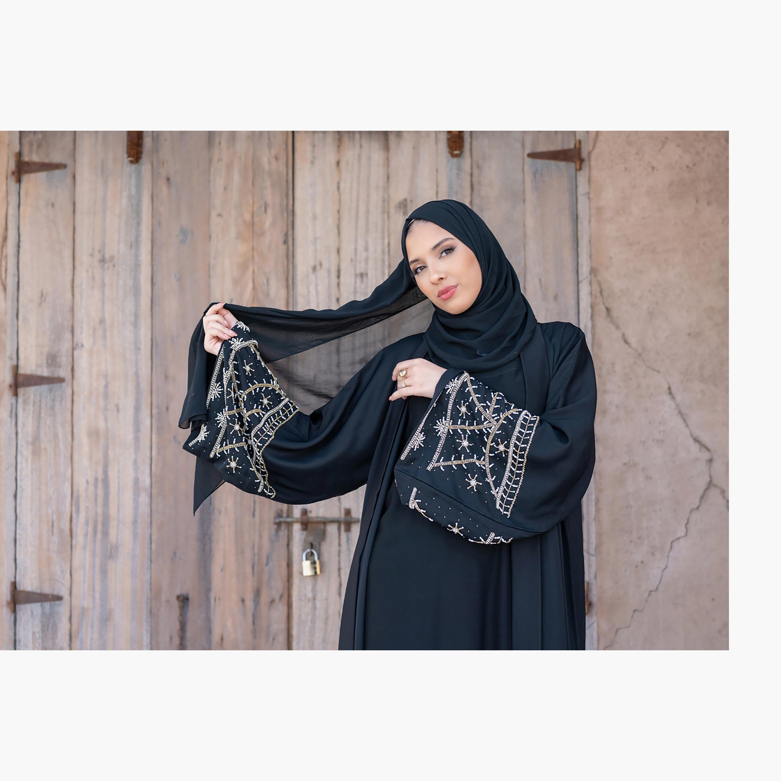 Nukhbaa Plain Beaded Detailed Sleeves Abaya with Hijab-women-arabicclothing-abayas-image-3