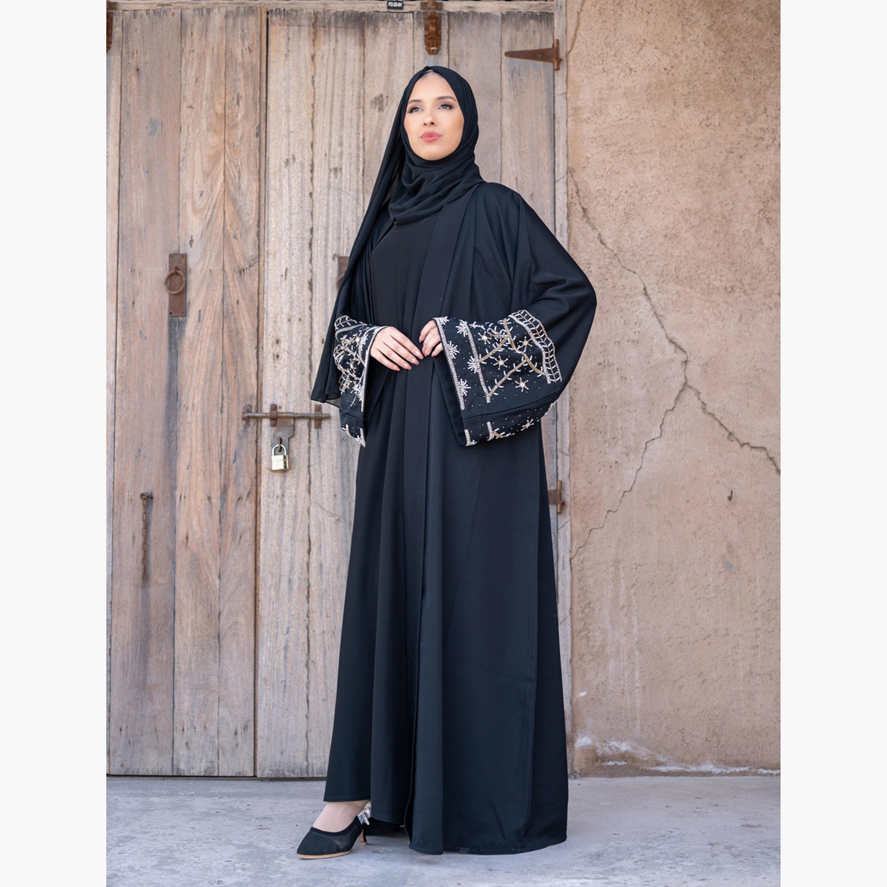 Nukhbaa Plain Beaded Detailed Sleeves Abaya with Hijab-women-arabicclothing-abayas-image-4
