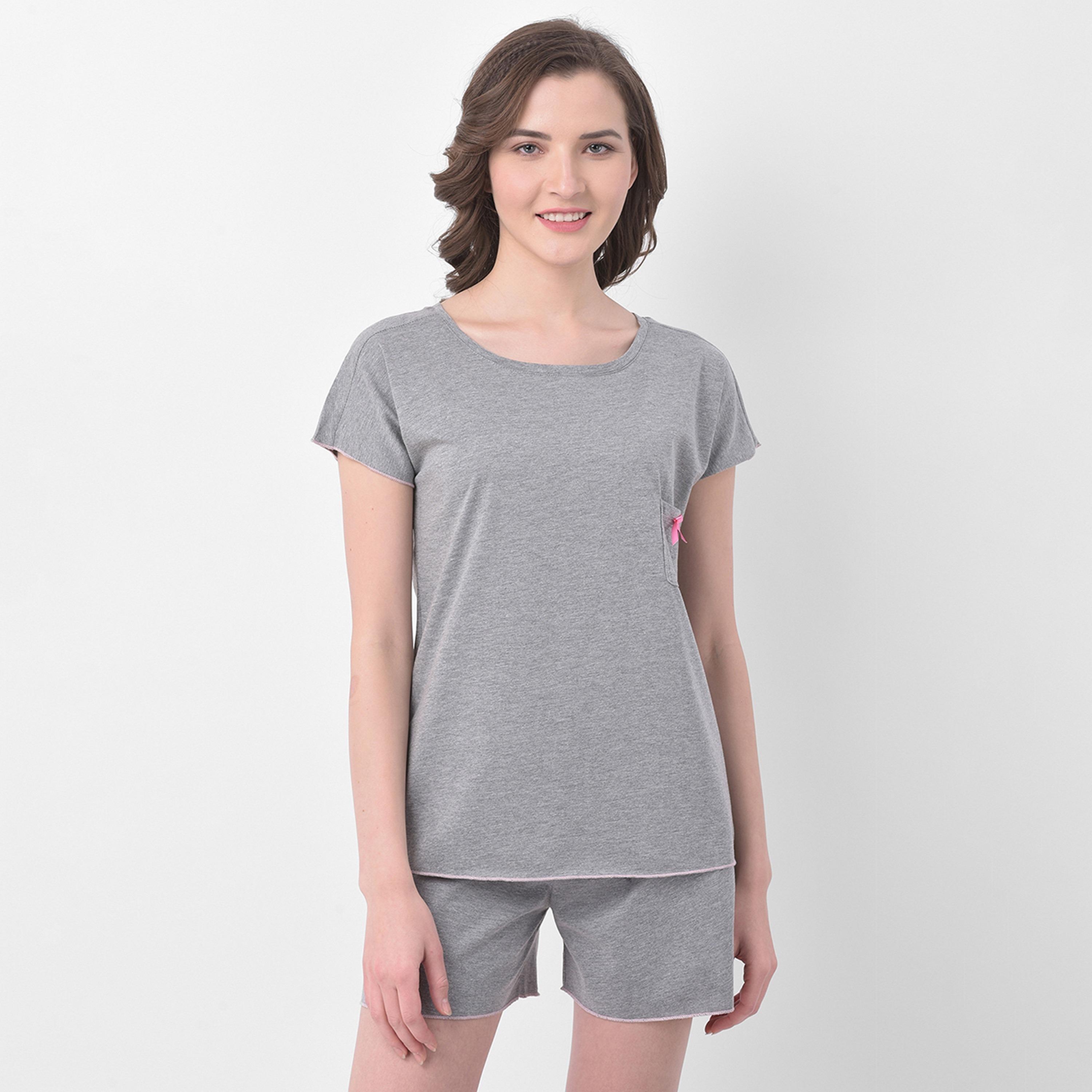 Clovia Chic Women's Basic Top & Shorts in Grey - Pure Cotton-women-clothing-nightwear-pyjamas-longsets-image-1