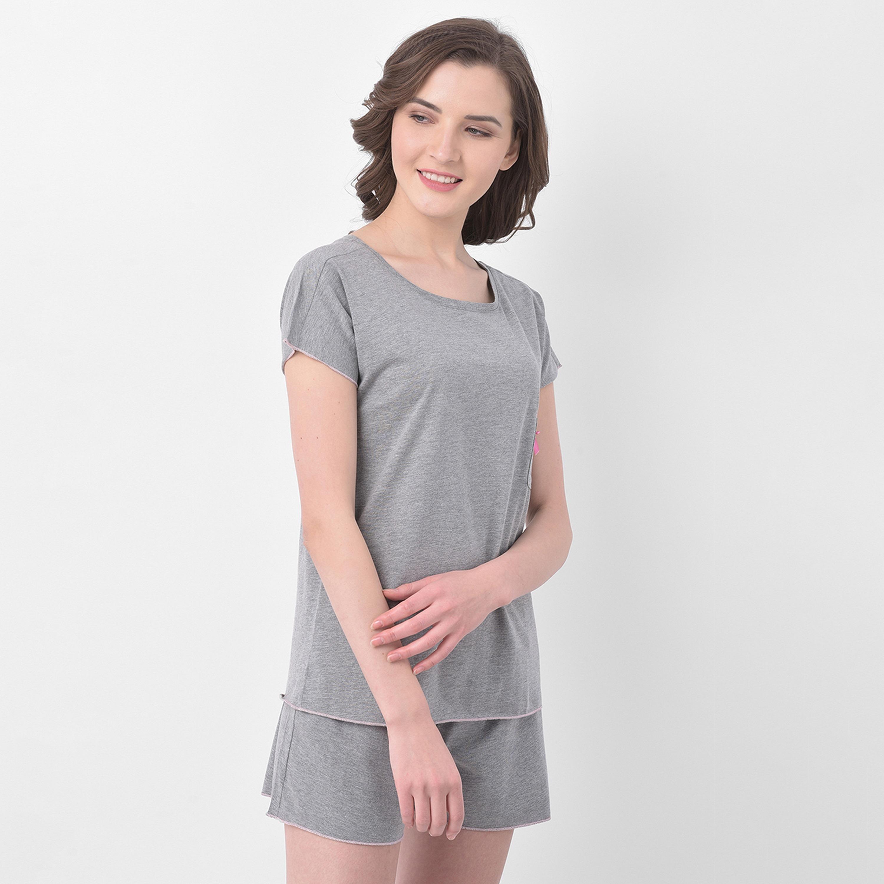 Clovia Chic Women's Basic Top & Shorts in Grey - Pure Cotton-women-clothing-nightwear-pyjamas-longsets-image-3