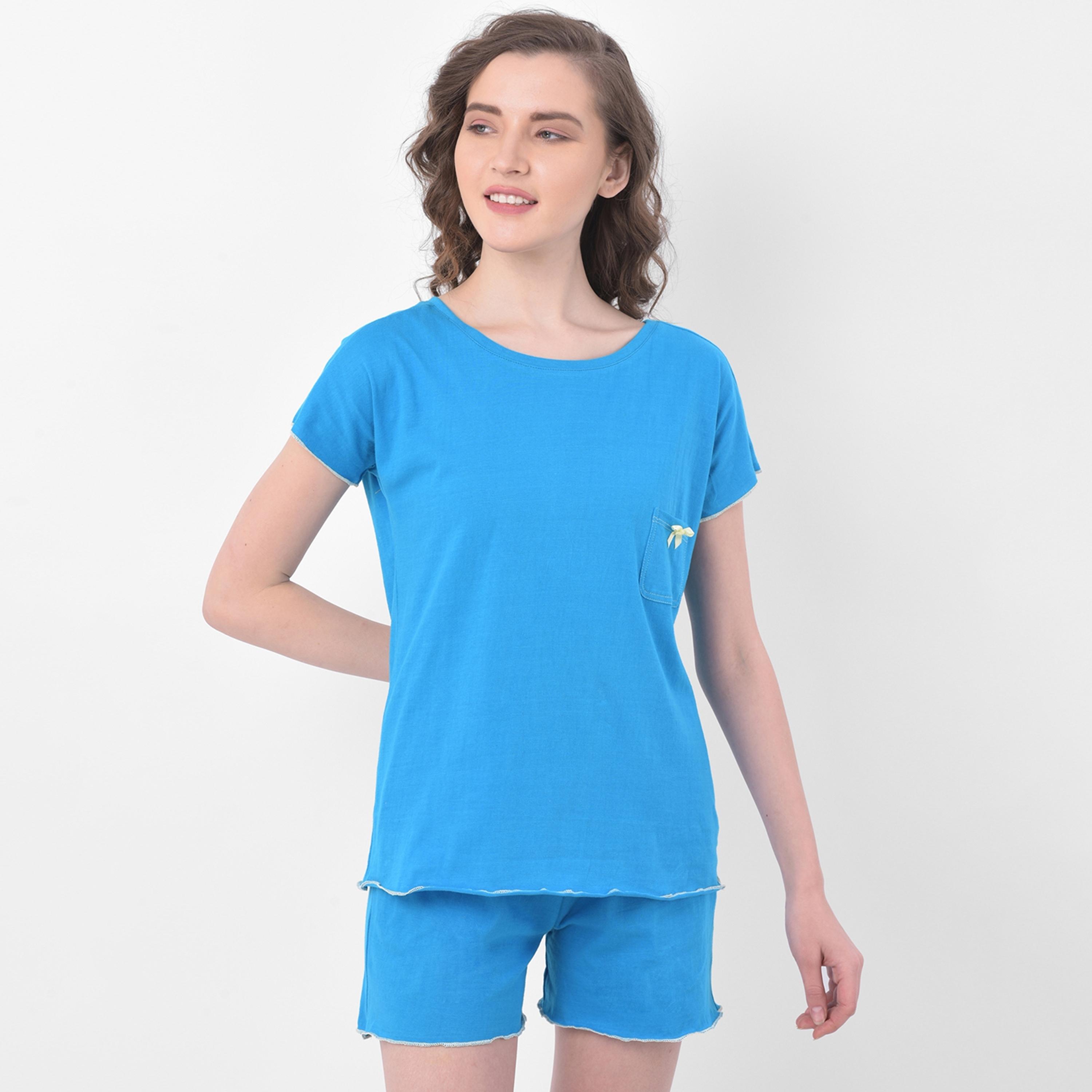 Clovia Set of Solid Round Neck T-Shirt with Shorts-women-clothing-nightwear-pyjamas-longsets-image-2
