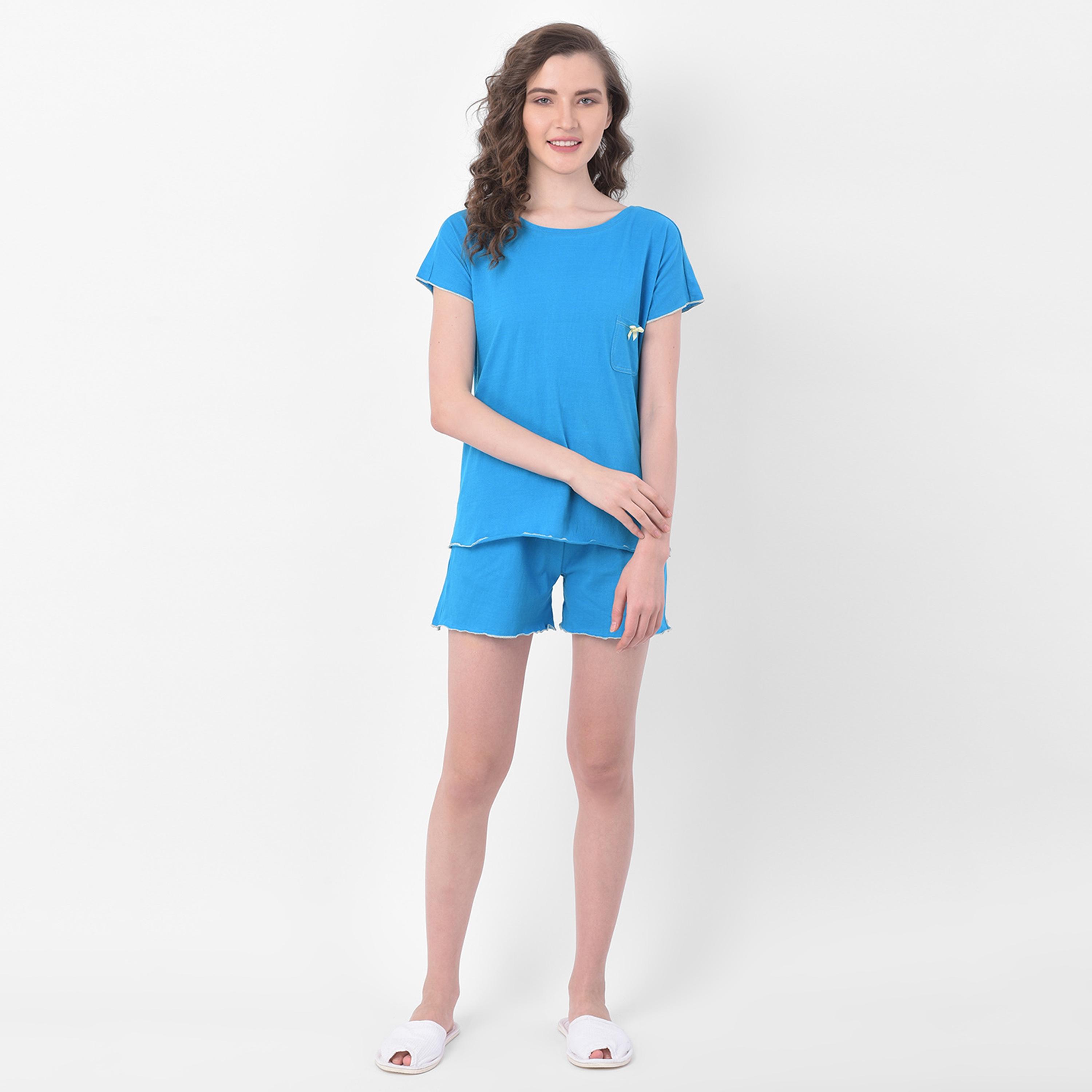 Clovia Set of Solid Round Neck T-Shirt with Shorts-women-clothing-nightwear-pyjamas-longsets-image-3