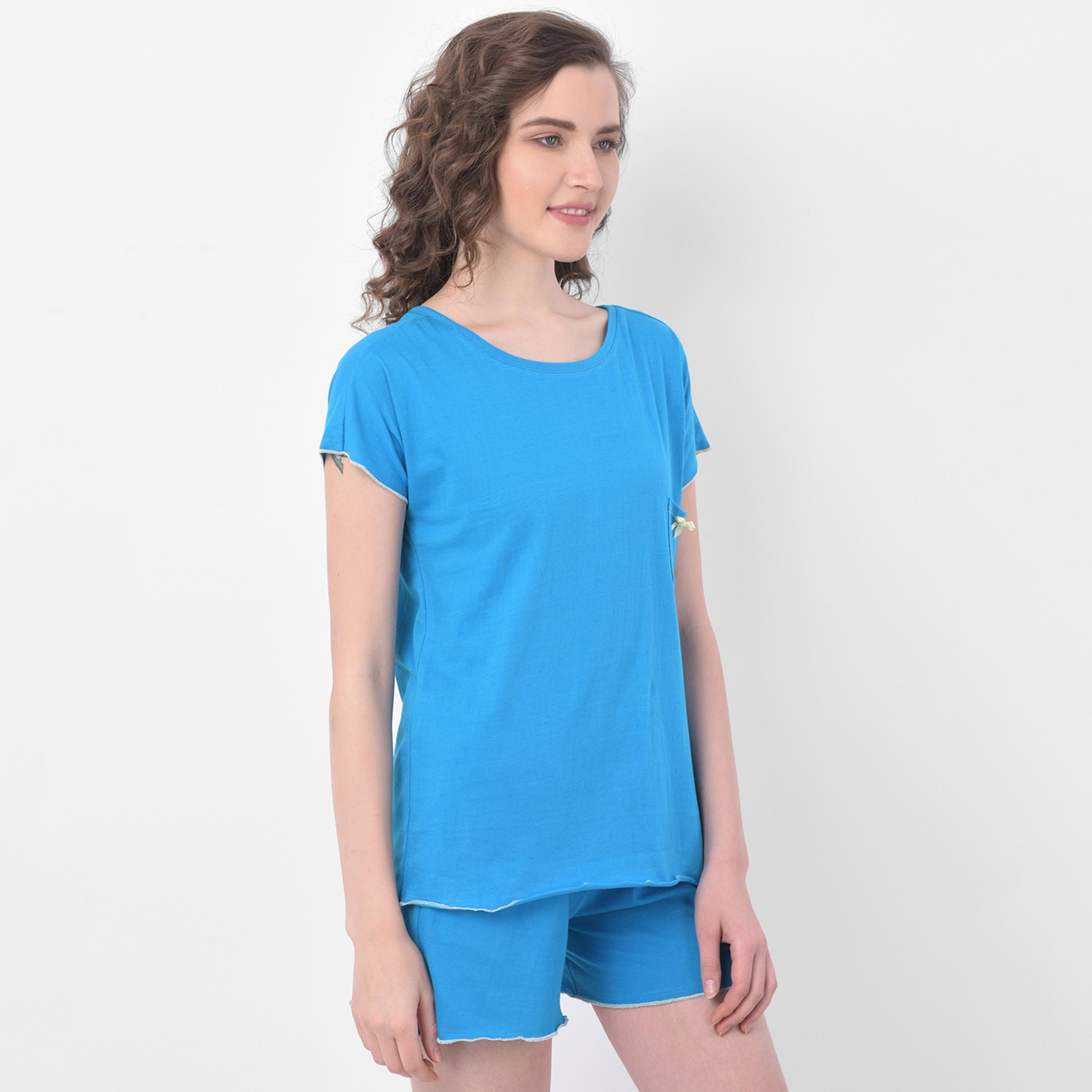 Clovia Set of Solid Round Neck T-Shirt with Shorts-women-clothing-nightwear-pyjamas-longsets-image-4