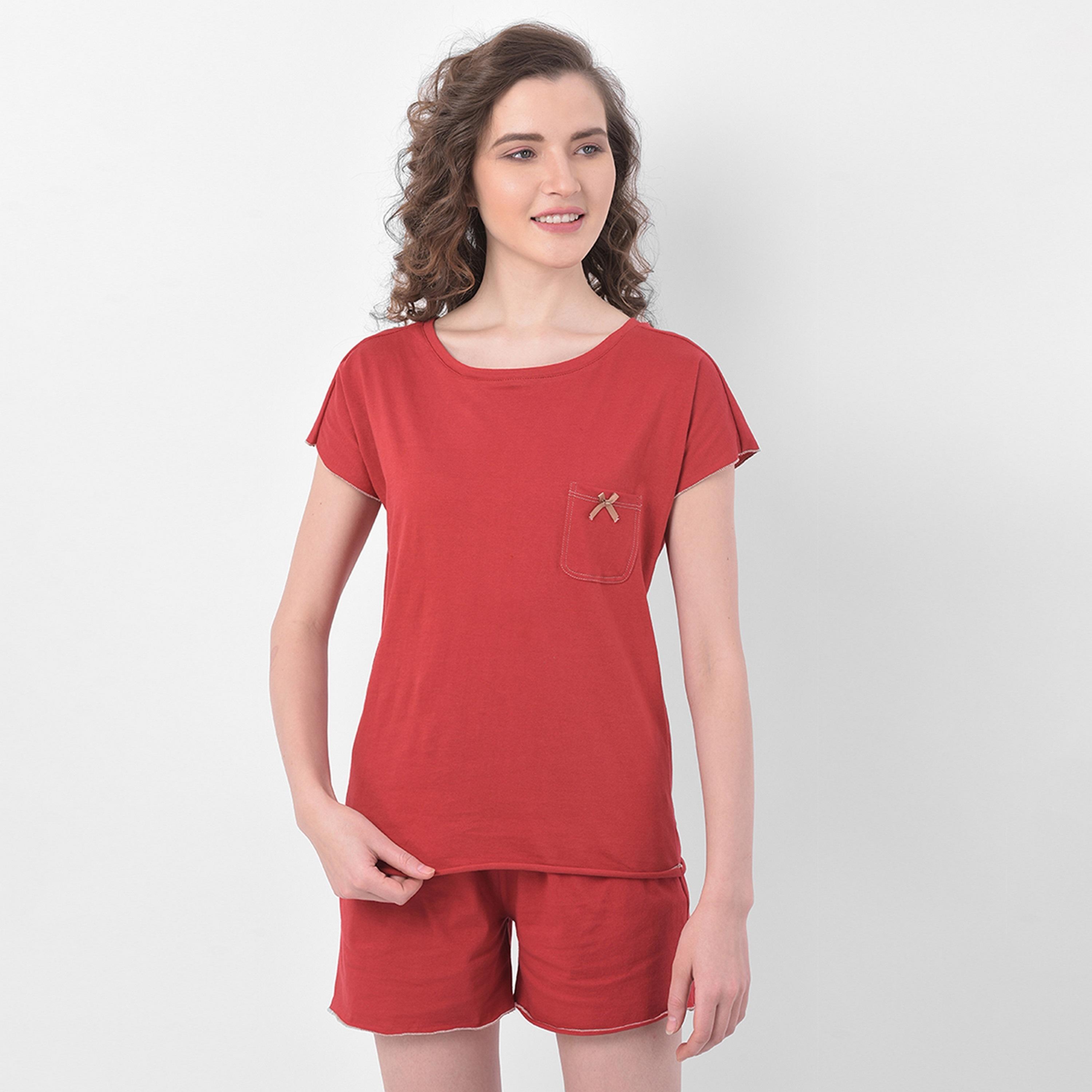 Clovia Chic Women's Basic Top & Shorts Set in Red- Pure Cotton-women-clothing-nightwear-pyjamas-longsets-image-1