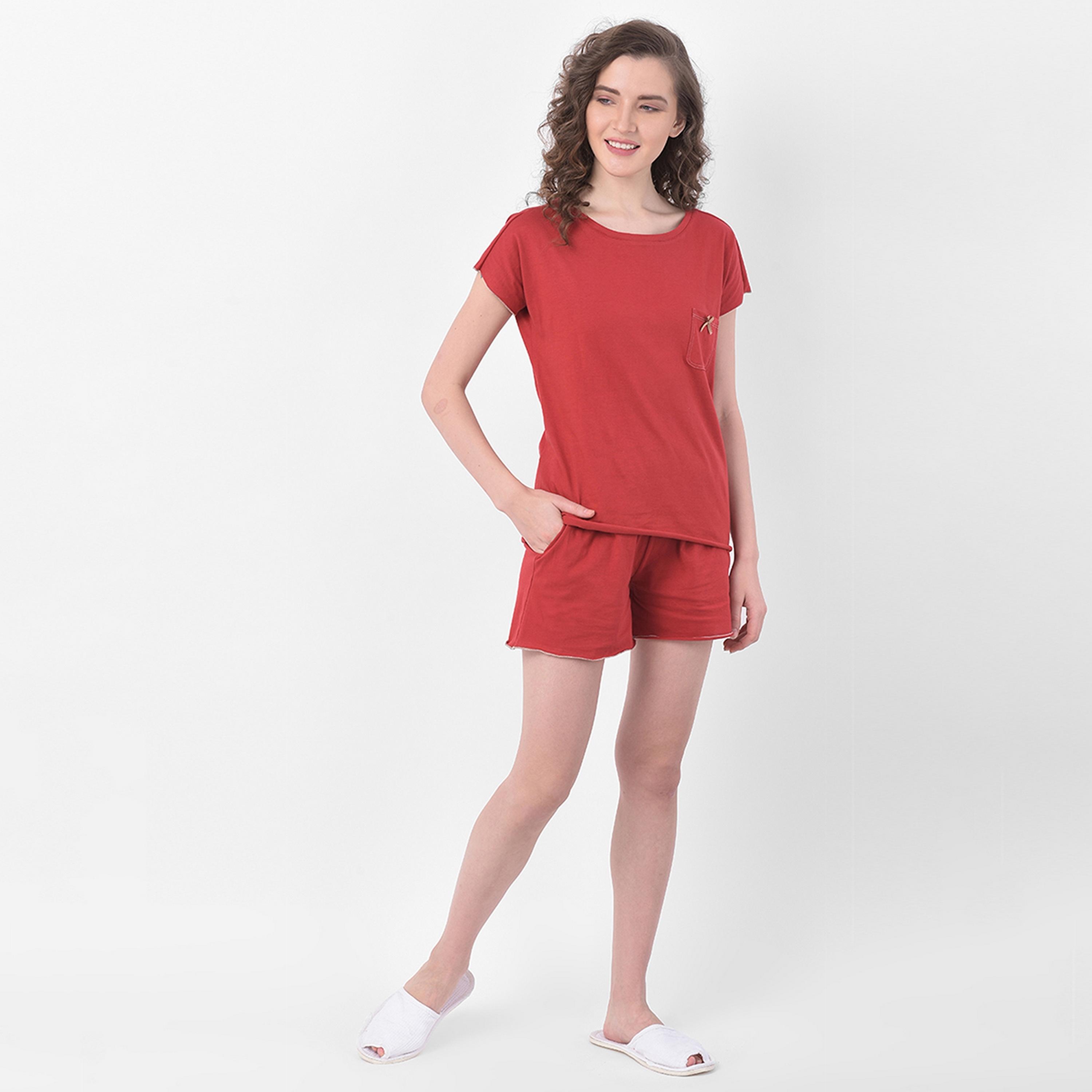 Clovia Chic Women's Basic Top & Shorts Set in Red- Pure Cotton-women-clothing-nightwear-pyjamas-longsets-image-2