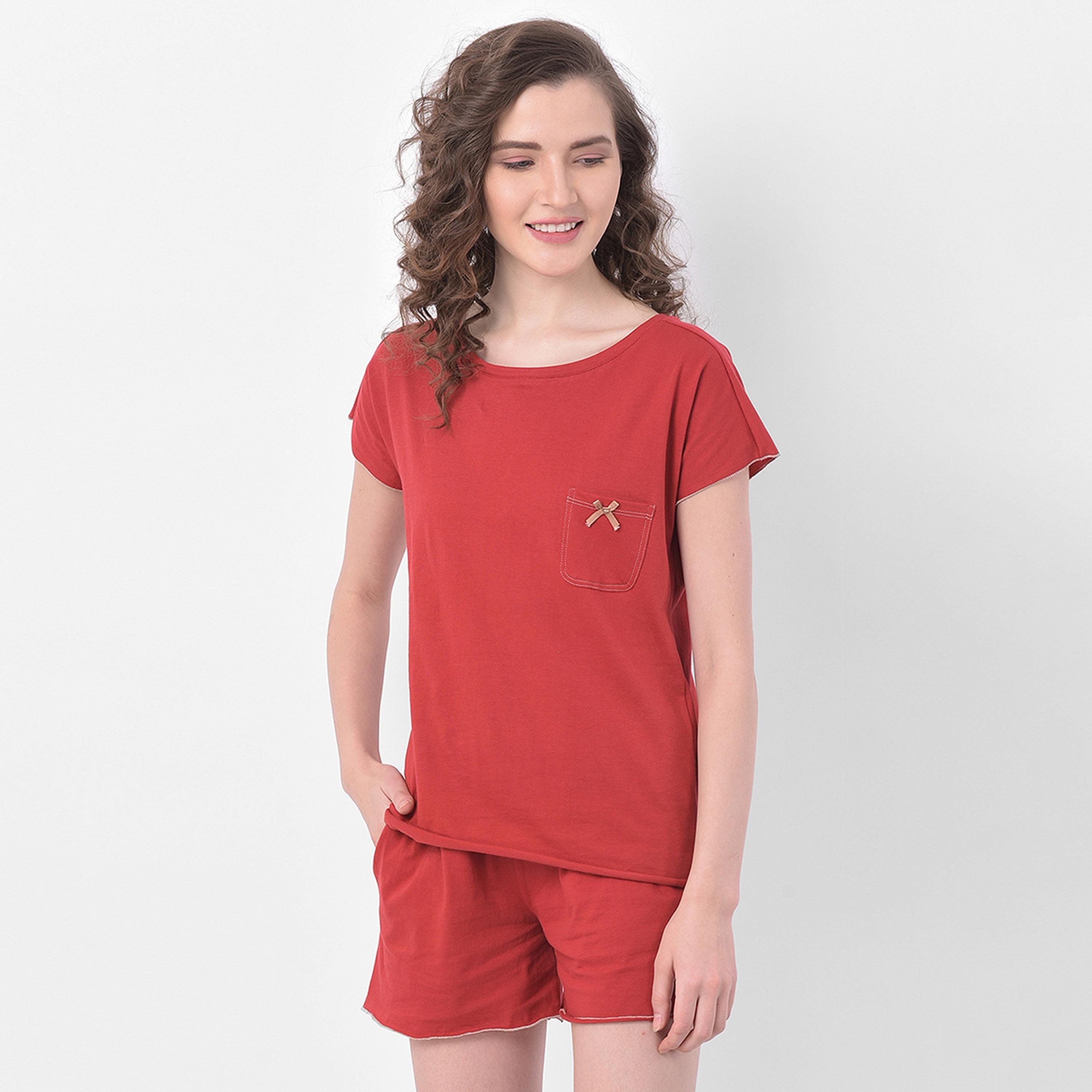 Clovia Chic Women's Basic Top & Shorts Set in Red- Pure Cotton-women-clothing-nightwear-pyjamas-longsets-image-3