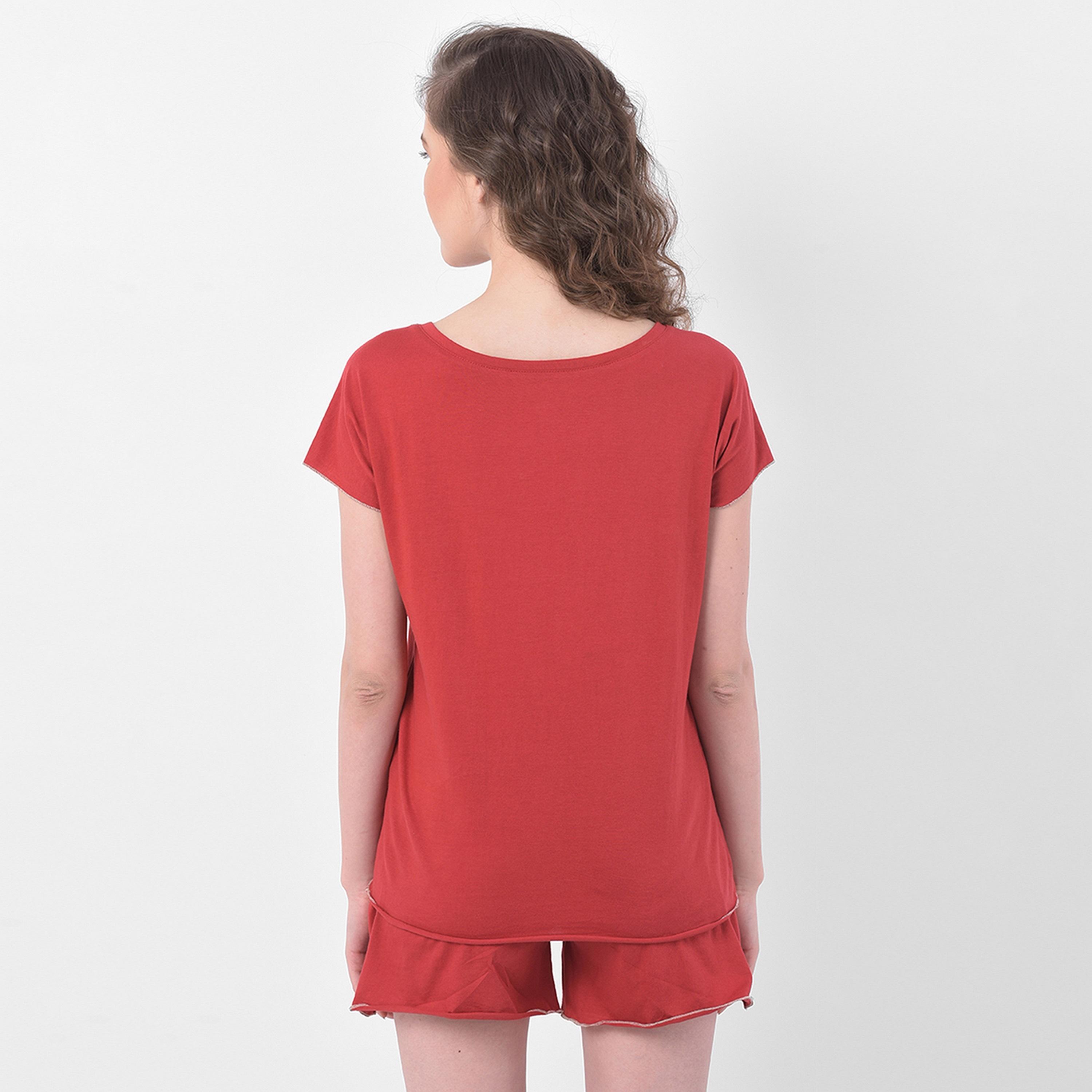 Clovia Chic Women's Basic Top & Shorts Set in Red- Pure Cotton-women-clothing-nightwear-pyjamas-longsets-image-5