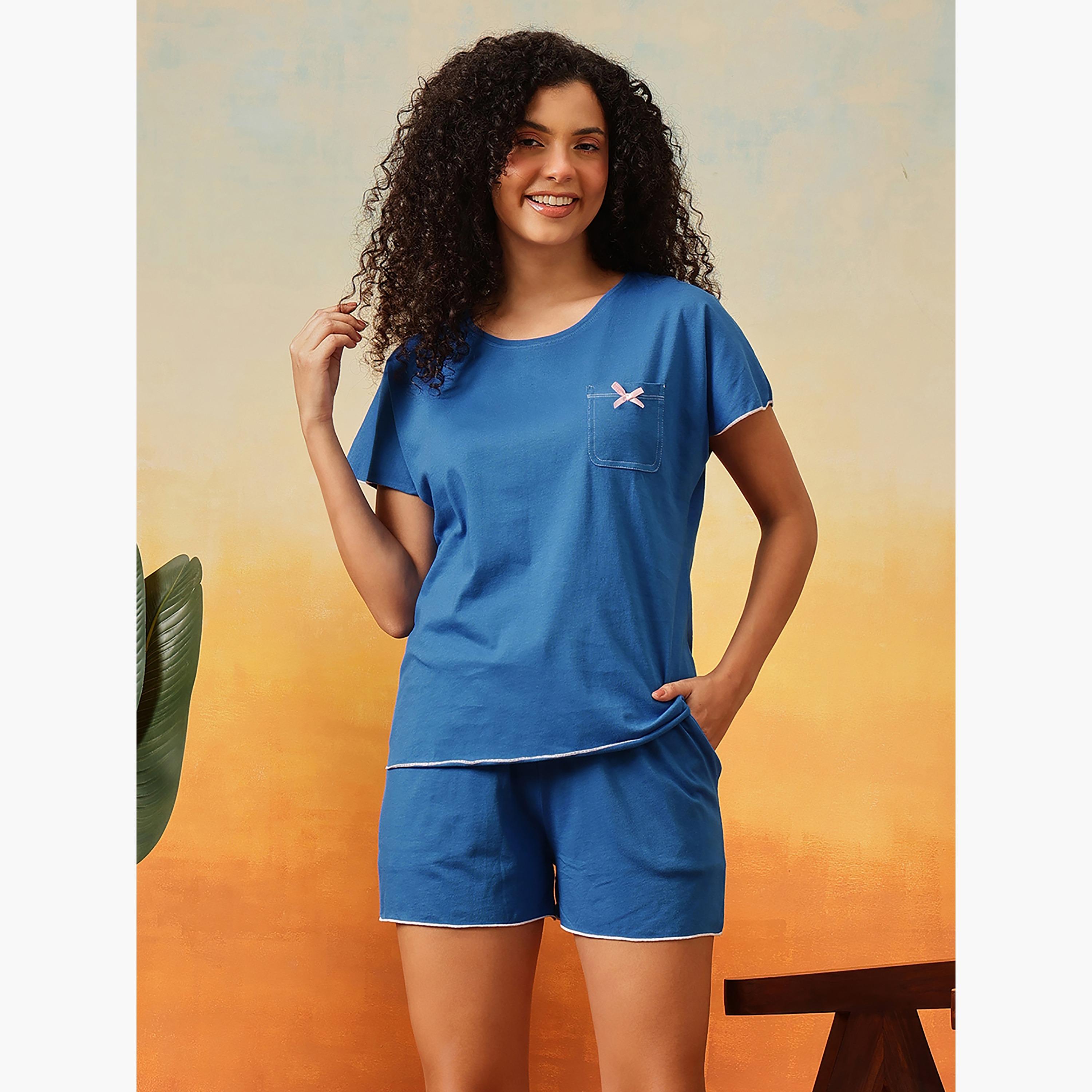 Clovia Chic Basic Women's Top & Shorts Set in Blue - 100% Cotton-women-clothing-nightwear-pyjamas-shortsets-image-1