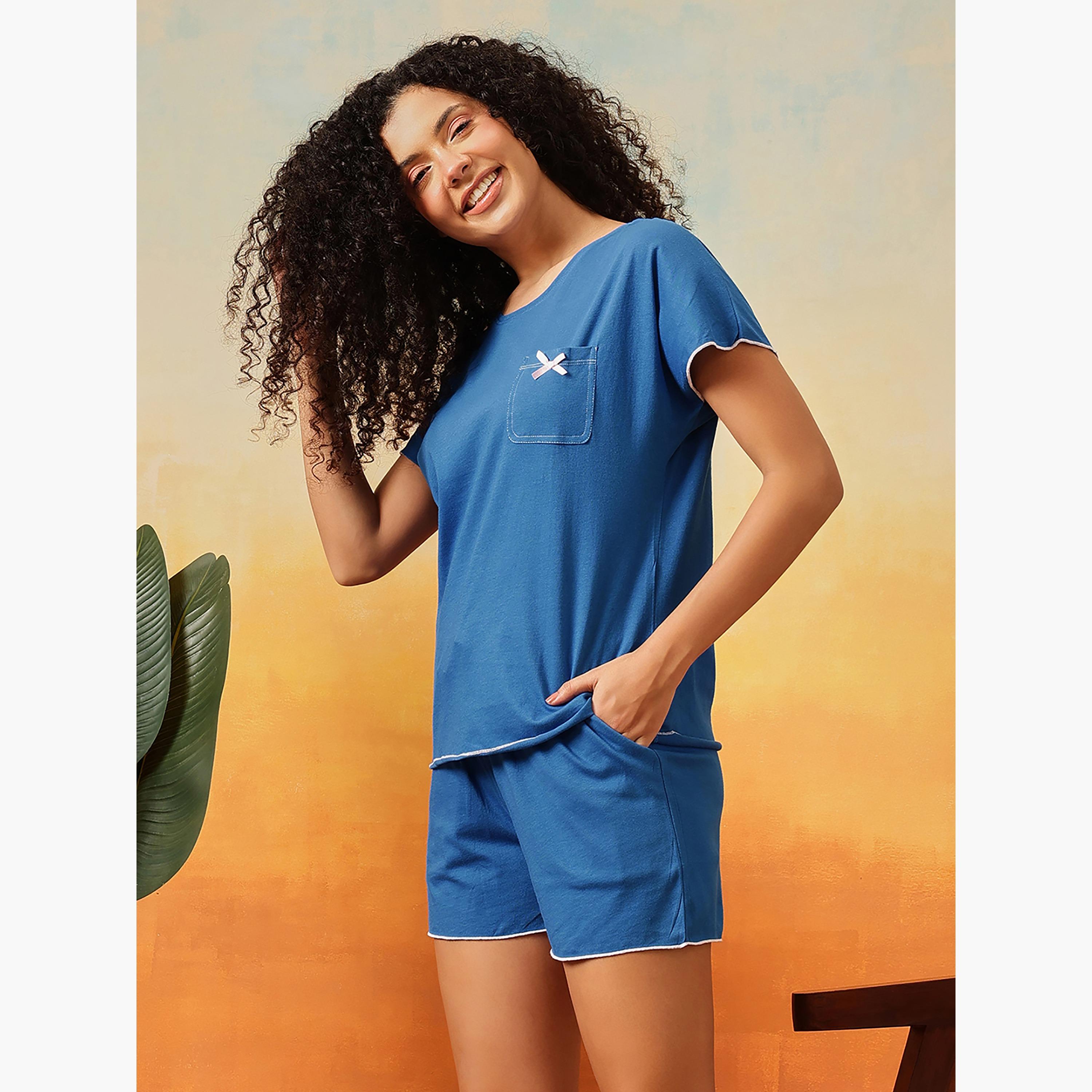 طقم توب وشورت "شيك بيسك" - 100% قطن أزرق من كلوفيا-women-clothing-nightwear-pyjamas-shortsets-image-5