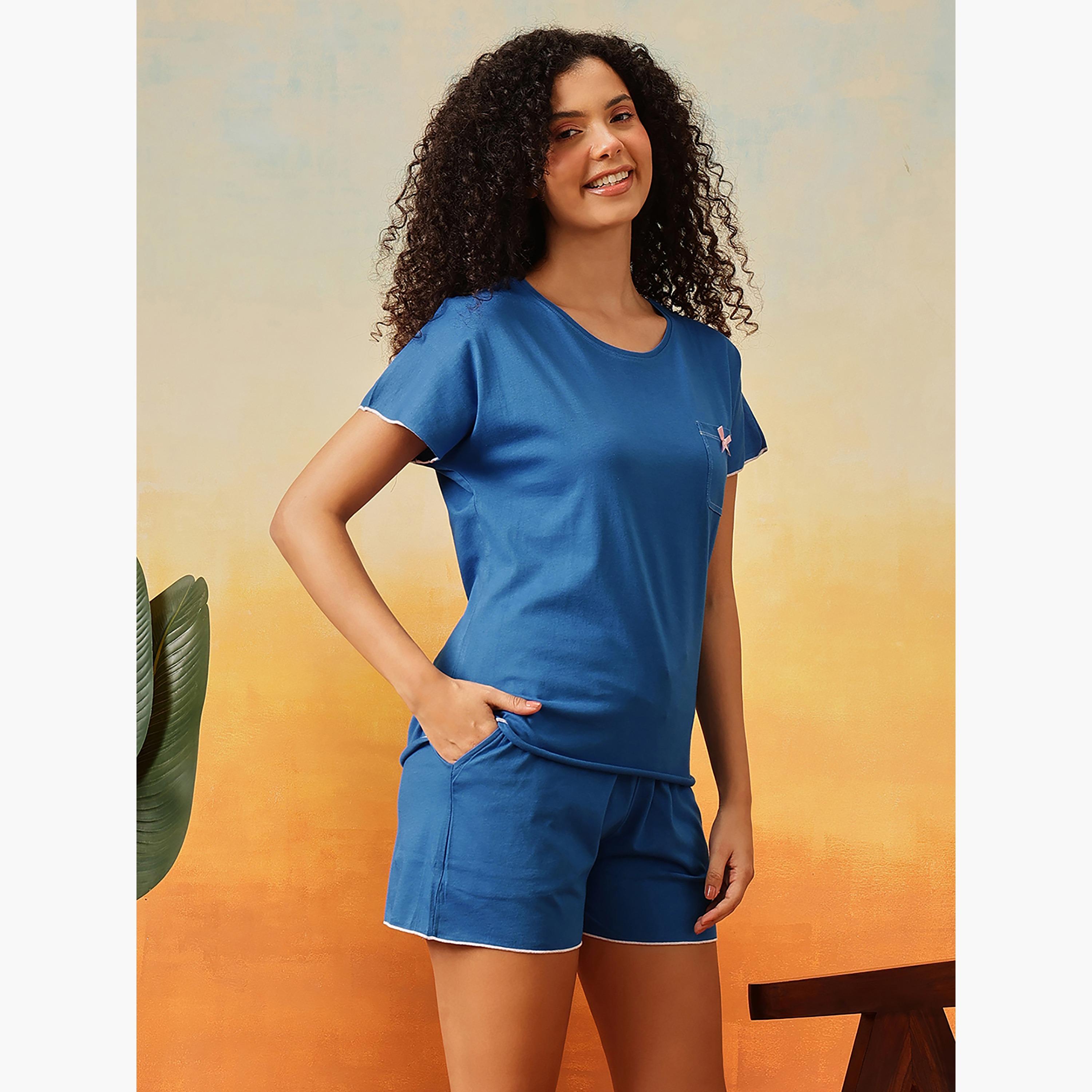 طقم توب وشورت "شيك بيسك" - 100% قطن أزرق من كلوفيا-women-clothing-nightwear-pyjamas-shortsets-image-4