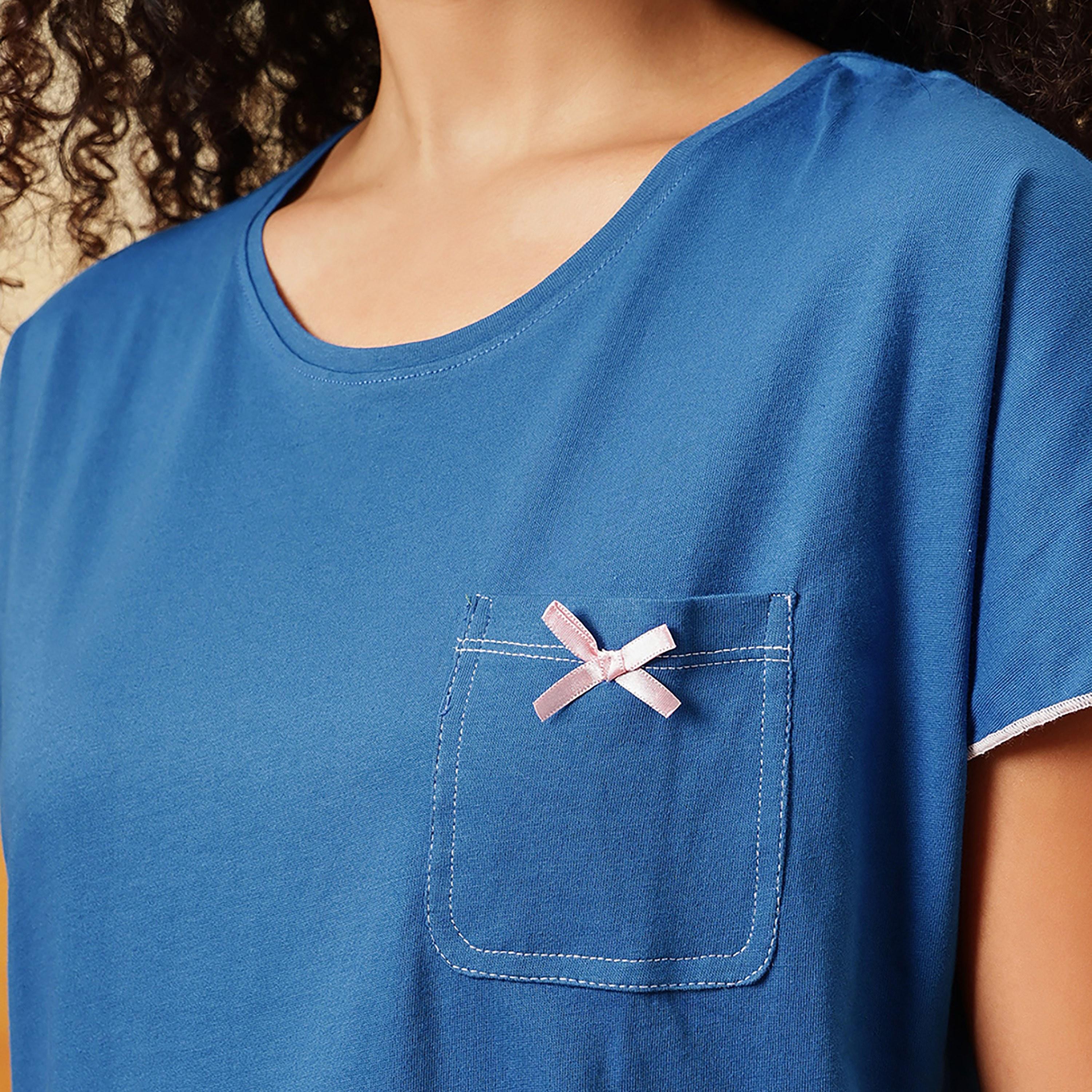 Clovia Chic Basic Women's Top & Shorts Set in Blue - 100% Cotton-women-clothing-nightwear-pyjamas-shortsets-image-5