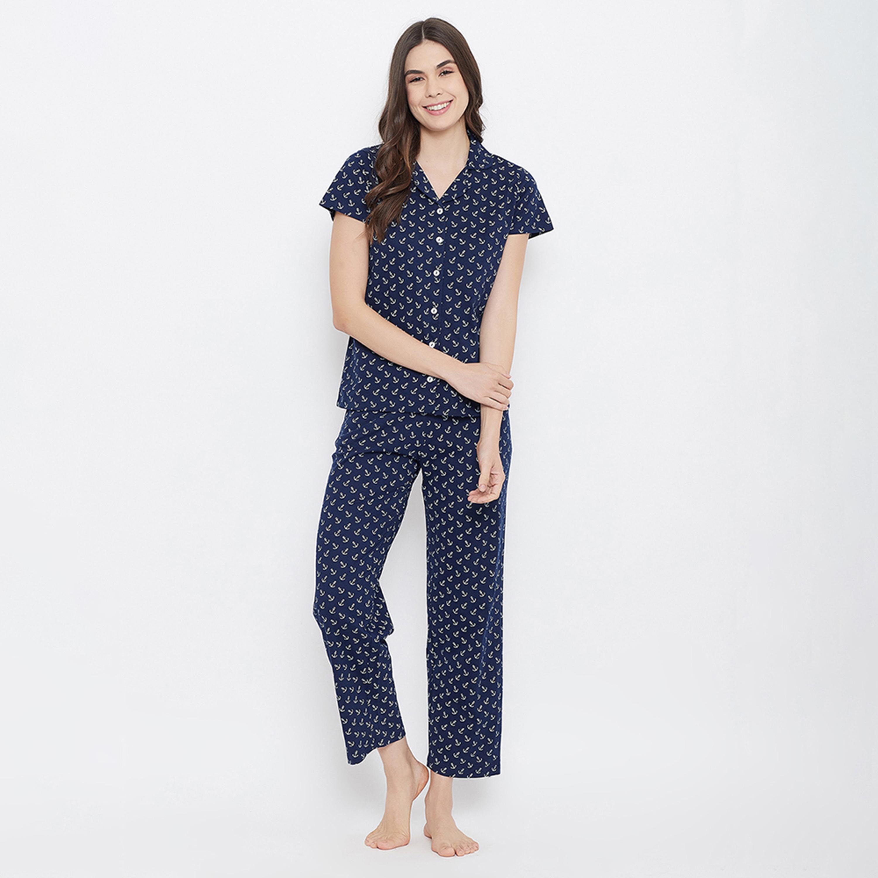 طقم قميص وبيجامة بأزرار وطبعة مرساة - قطن كحلي من كلوفيا-women-clothing-nightwear-pyjamas-longsets-image-1
