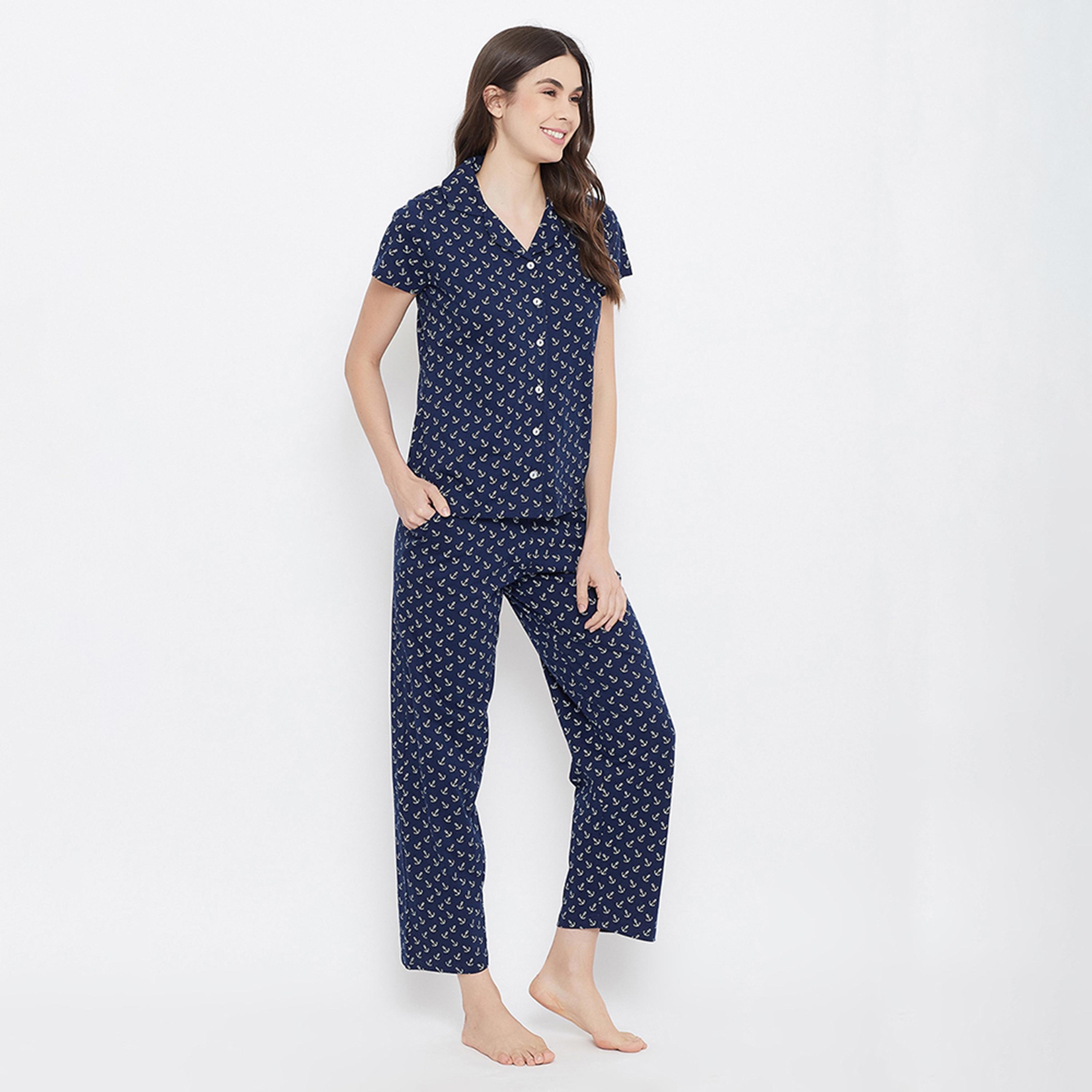 طقم قميص وبيجامة بأزرار وطبعة مرساة - قطن كحلي من كلوفيا-women-clothing-nightwear-pyjamas-longsets-image-3