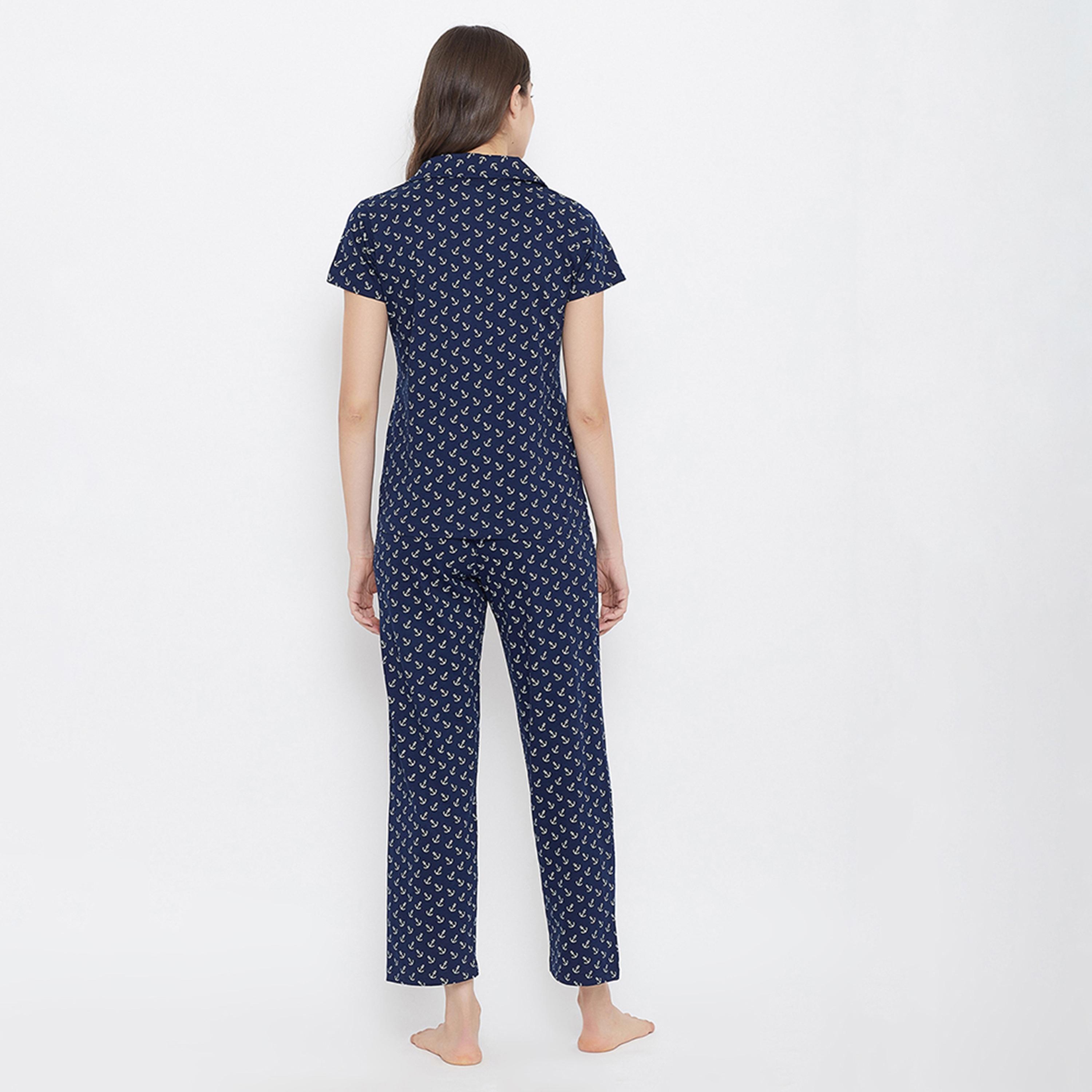 طقم قميص وبيجامة بأزرار وطبعة مرساة - قطن كحلي من كلوفيا-women-clothing-nightwear-pyjamas-longsets-image-4