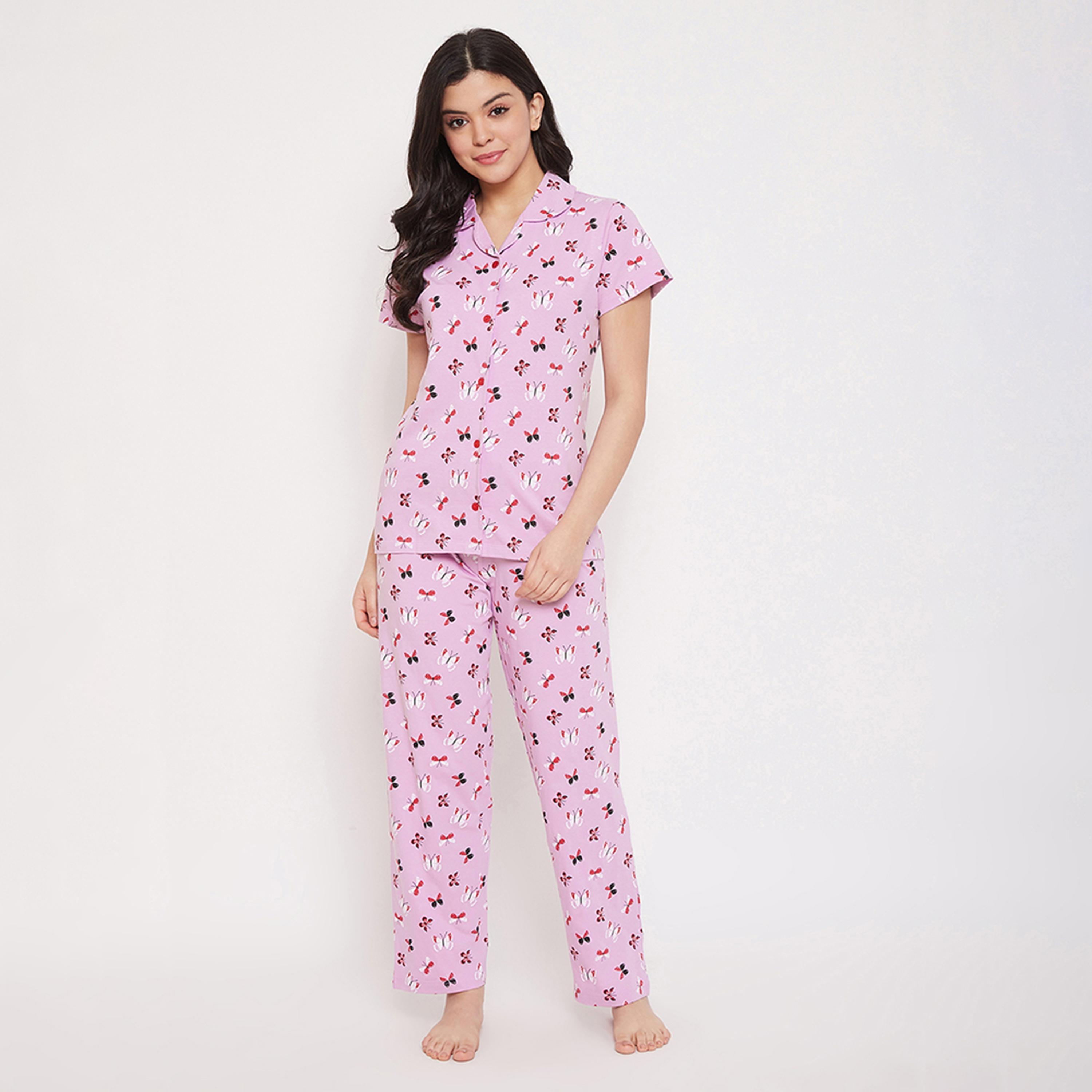 Clovia Butterfly Button Down Women's Shirt & Pyjama in Lilac - 100% Cotton-women-clothing-nightwear-pyjamas-longsets-image-1