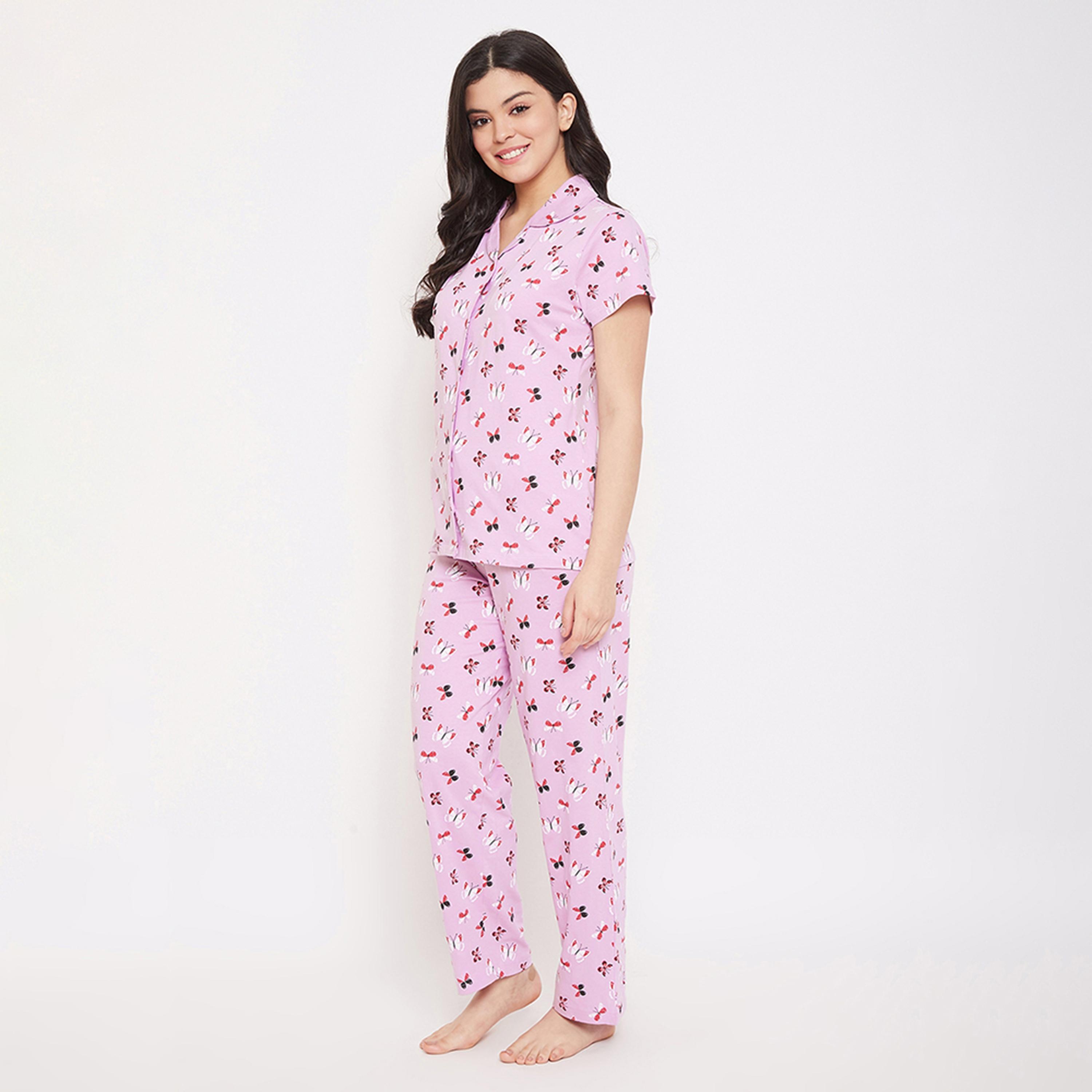 طقم قميص وبيجامة بأزرار وطبعة فراشة - 100% قطن ليلاك من كلوفيا-women-clothing-nightwear-pyjamas-longsets-image-2