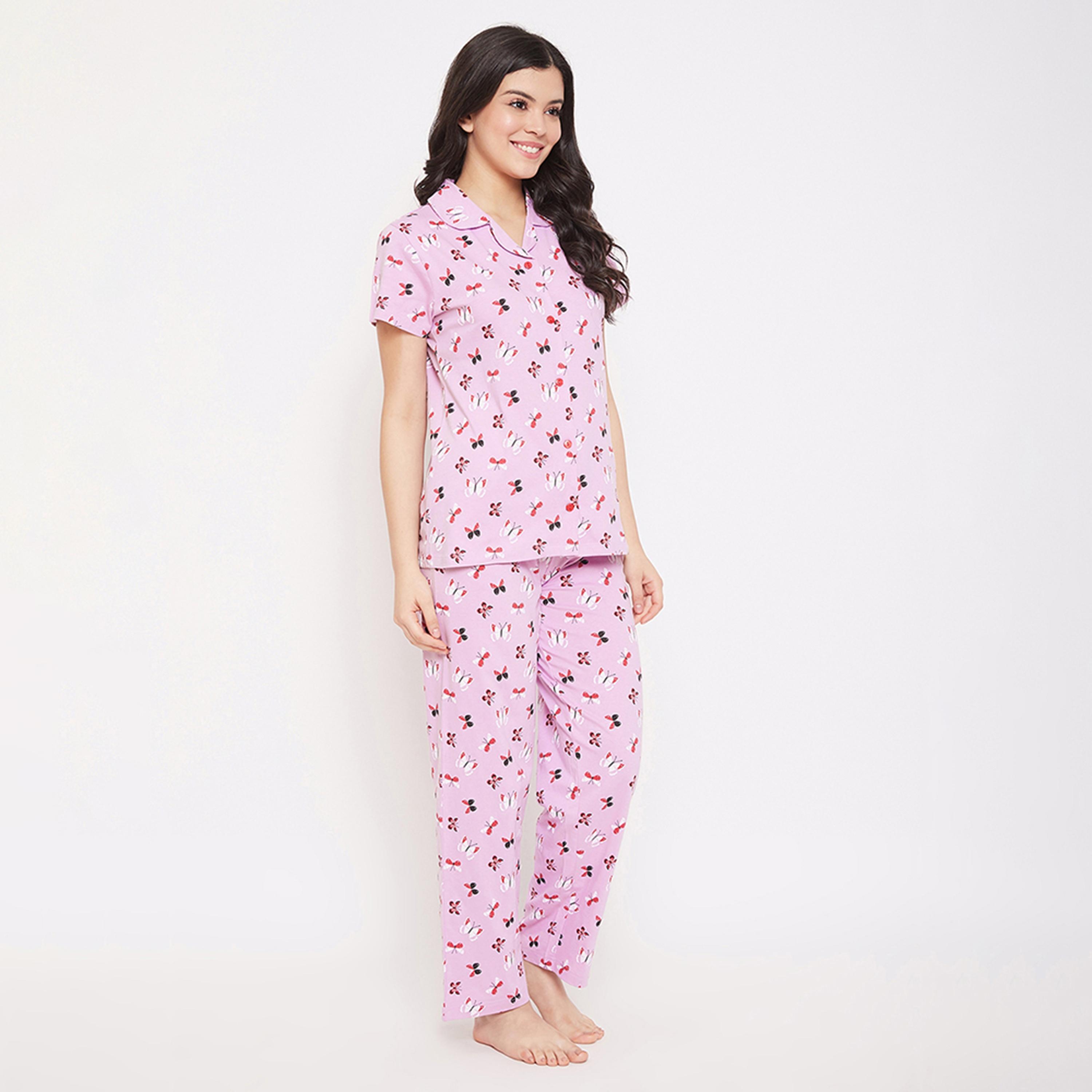 Clovia Butterfly Button Down Women's Shirt & Pyjama in Lilac - 100% Cotton-women-clothing-nightwear-pyjamas-longsets-image-3