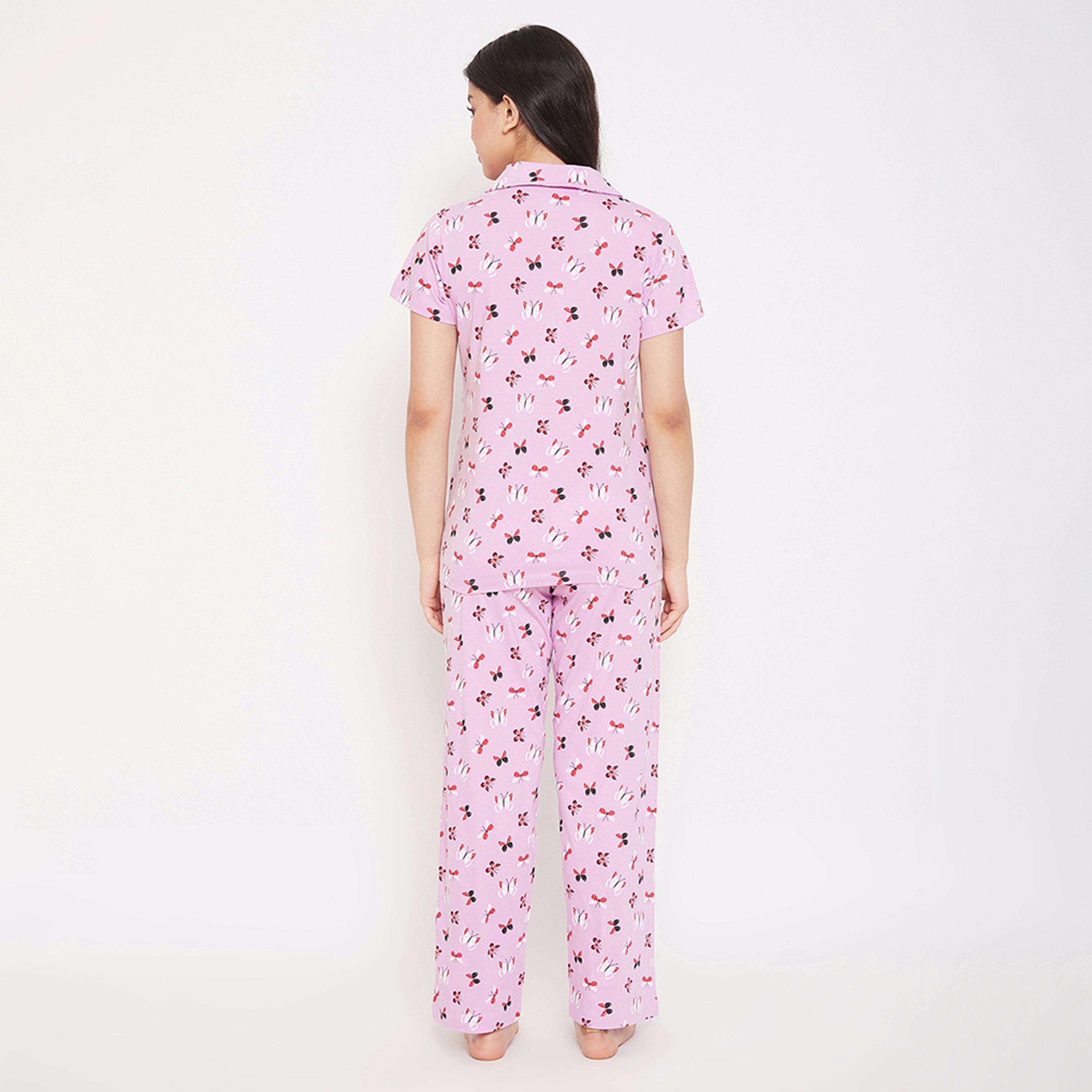 طقم قميص وبيجامة بأزرار وطبعة فراشة - 100% قطن ليلاك من كلوفيا-women-clothing-nightwear-pyjamas-longsets-image-4