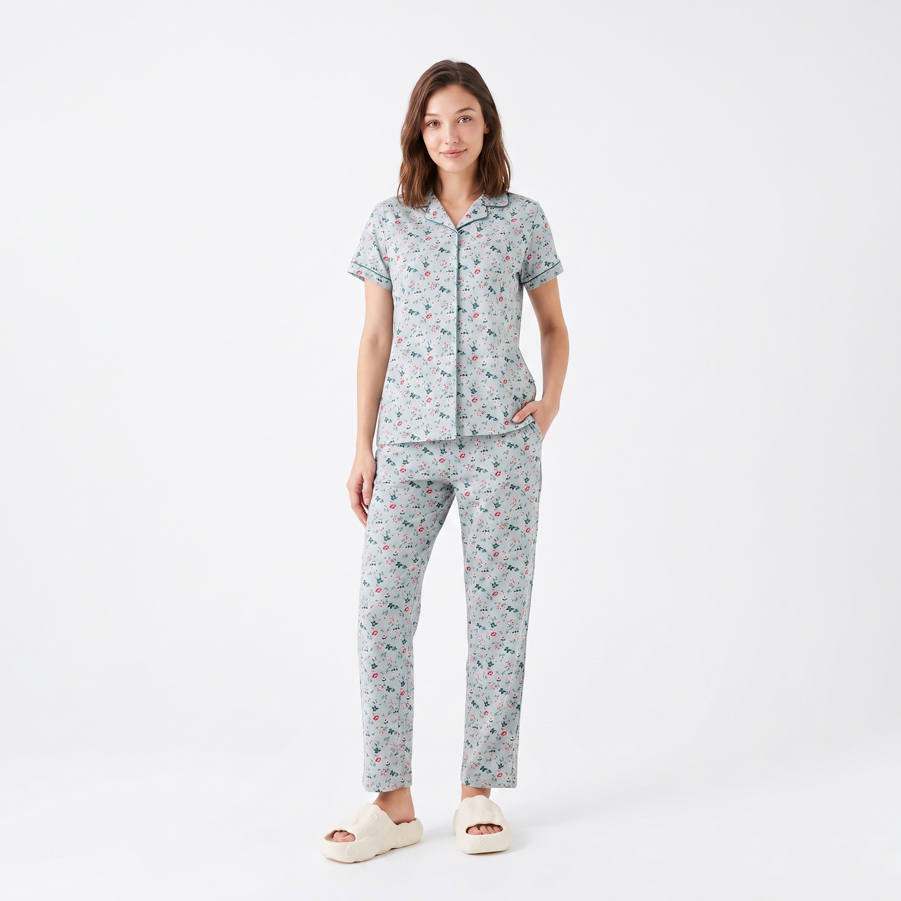 Clovia Printed Button Down Women's Shirt & Pyjama Set in Light Green - 100% Cotton-women-clothing-nightwear-pyjamas-longsets-image-1