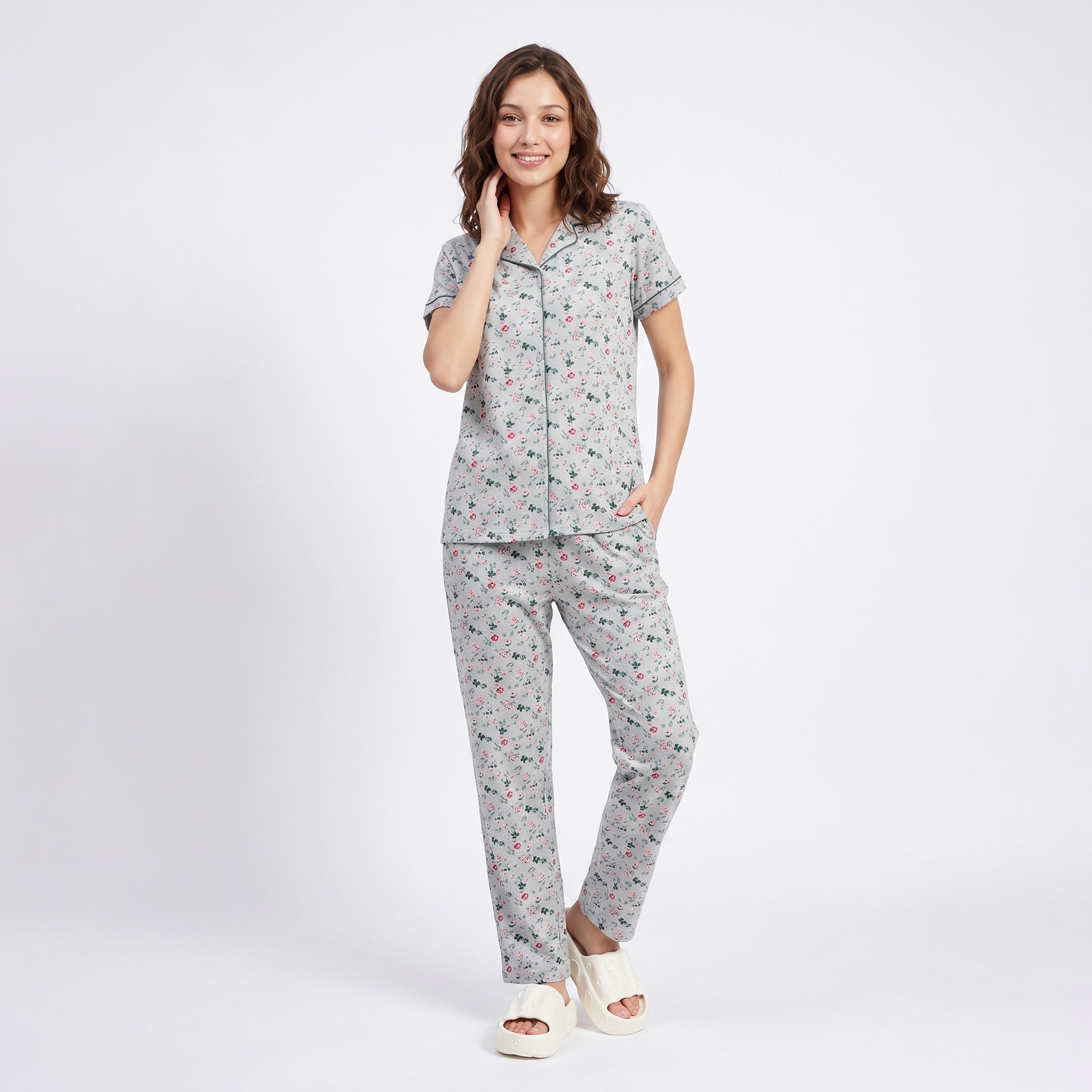Clovia Printed Button Down Women's Shirt & Pyjama Set in Light Green - 100% Cotton-women-clothing-nightwear-pyjamas-longsets-image-2