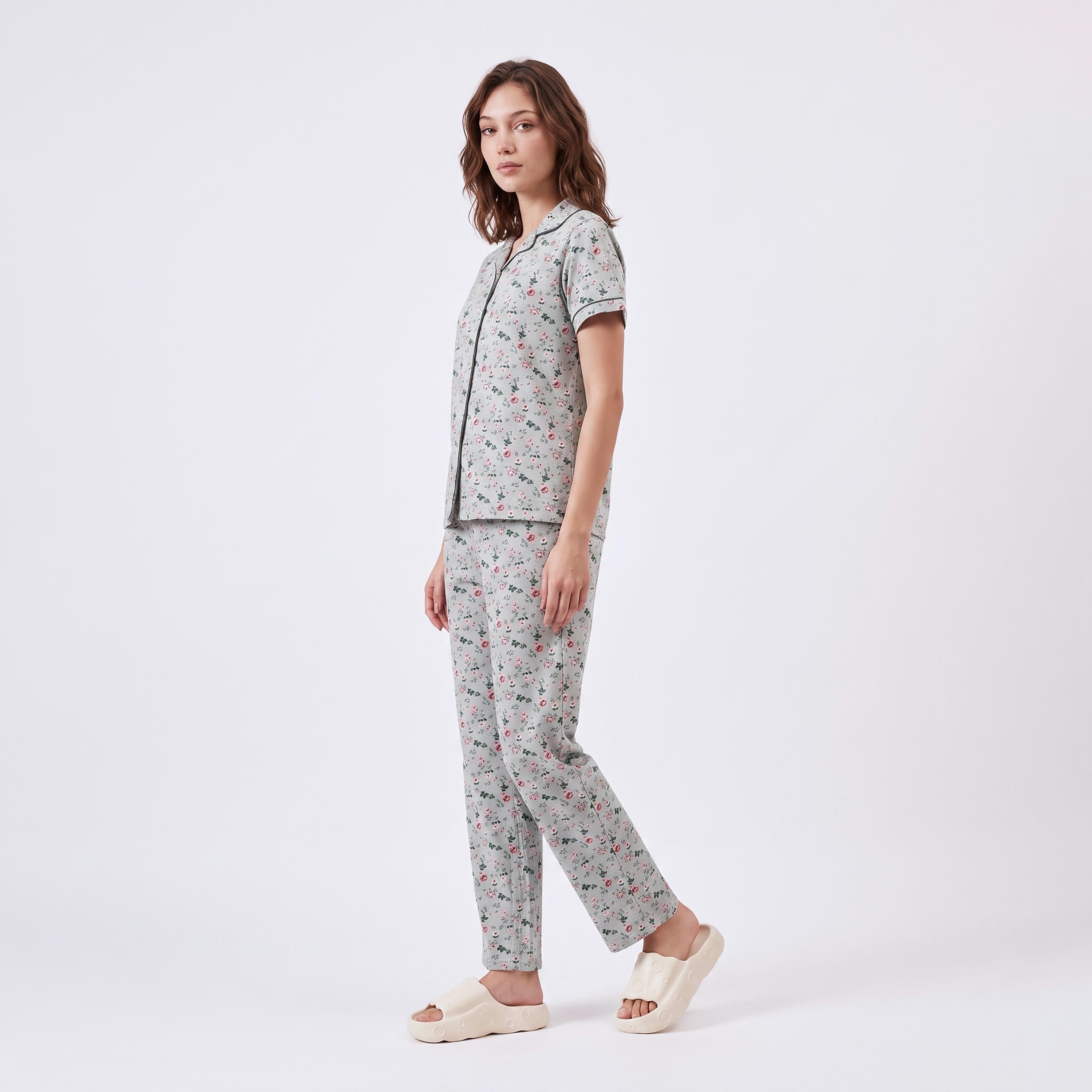 Clovia Printed Button Down Women's Shirt & Pyjama Set in Light Green - 100% Cotton-women-clothing-nightwear-pyjamas-longsets-image-3
