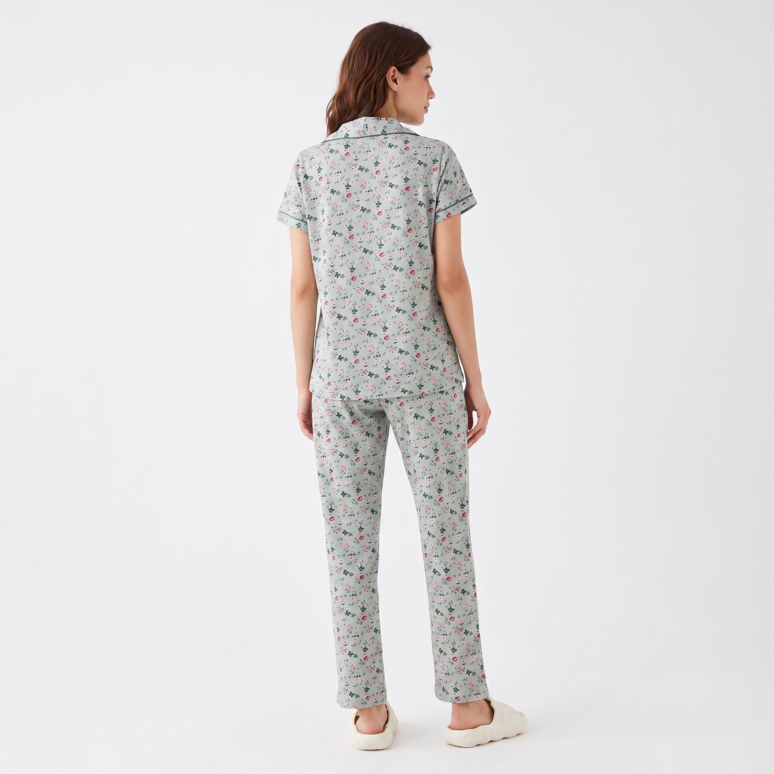 Clovia Printed Button Down Women's Shirt & Pyjama Set in Light Green - 100% Cotton-women-clothing-nightwear-pyjamas-longsets-image-4