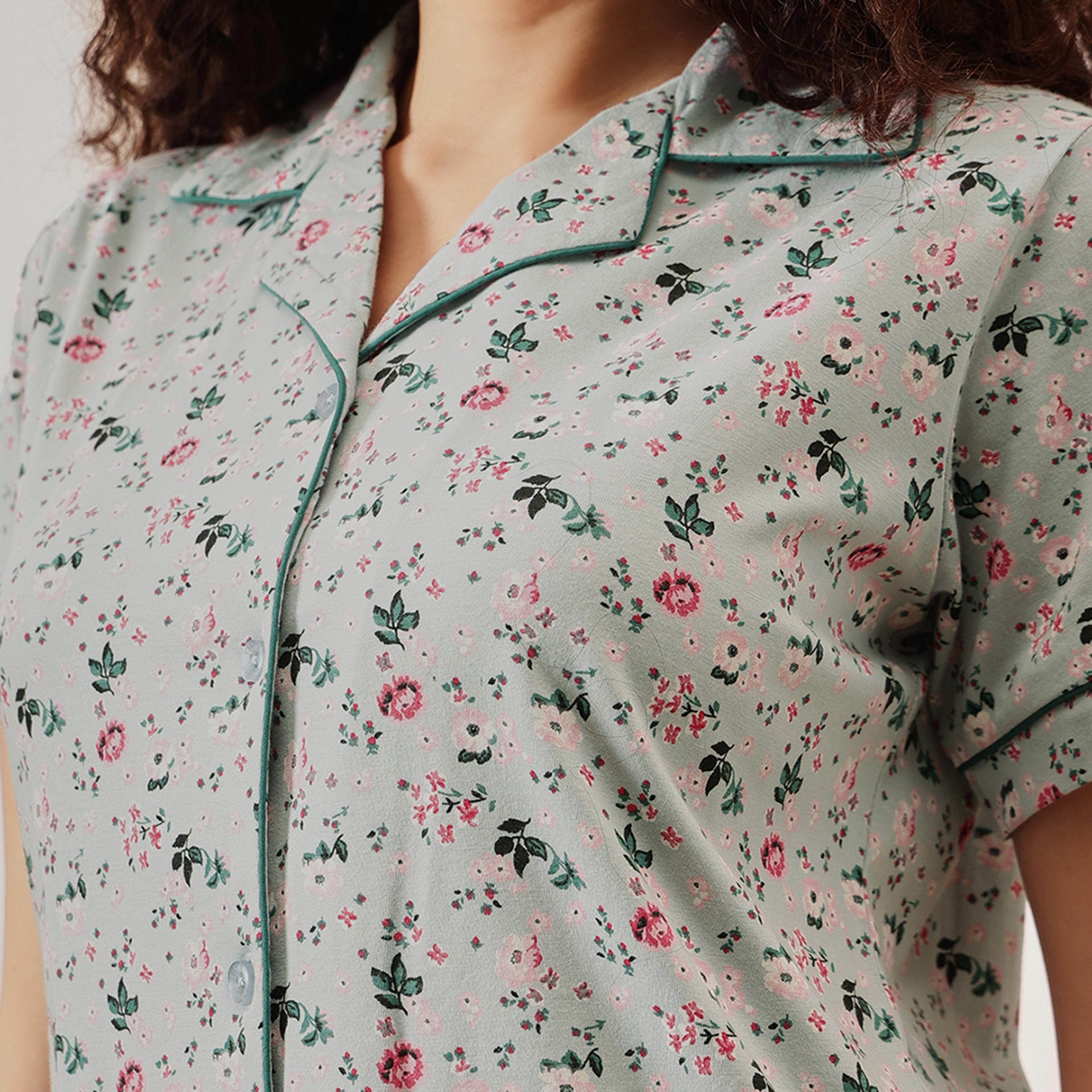 Clovia Printed Button Down Women's Shirt & Pyjama Set in Light Green - 100% Cotton-women-clothing-nightwear-pyjamas-longsets-image-5