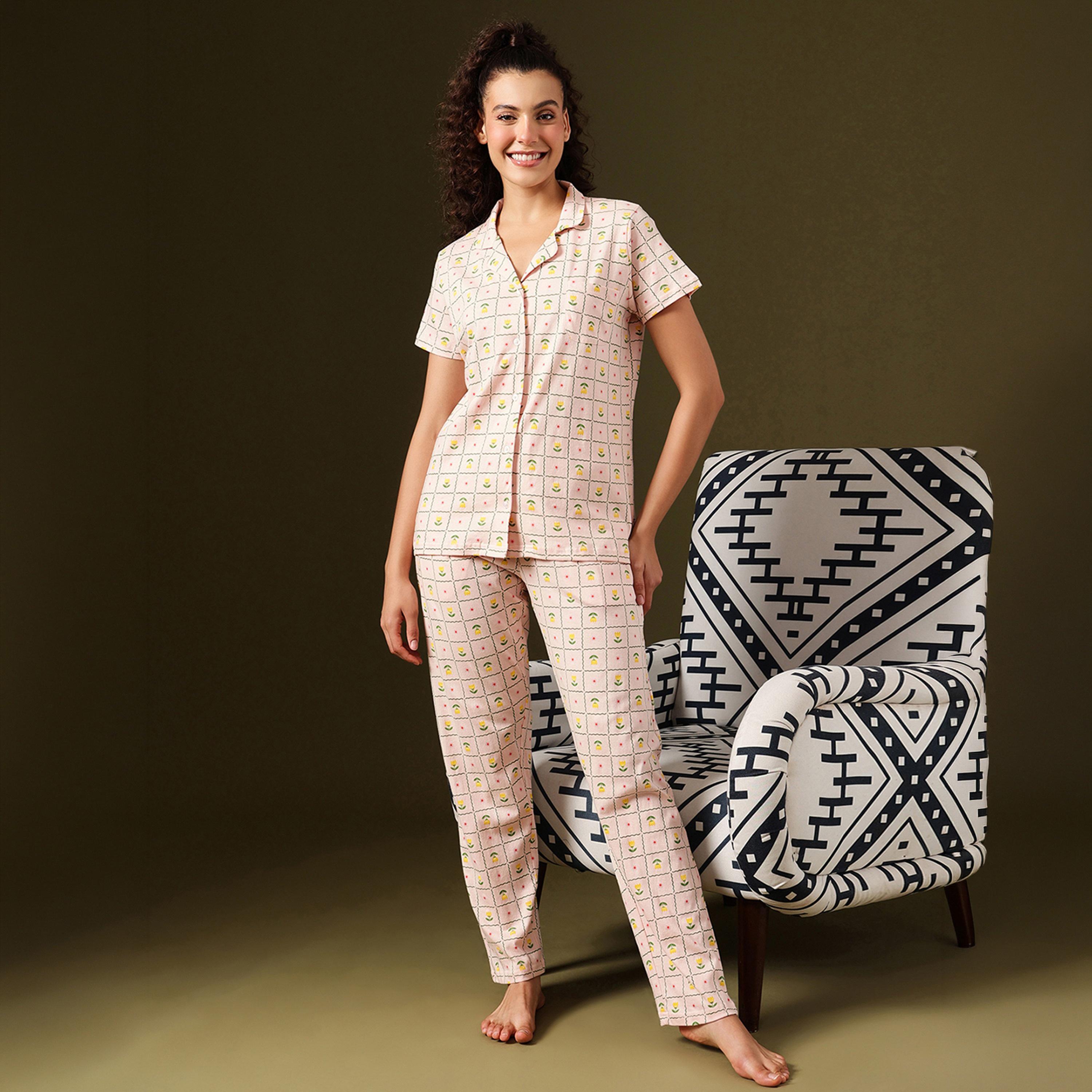 Clovia Printed Button-Down Women's Shirt & Pyjama Set in Peach Colour - 100% Cotton-women-clothing-nightwear-pyjamas-longsets-image-1