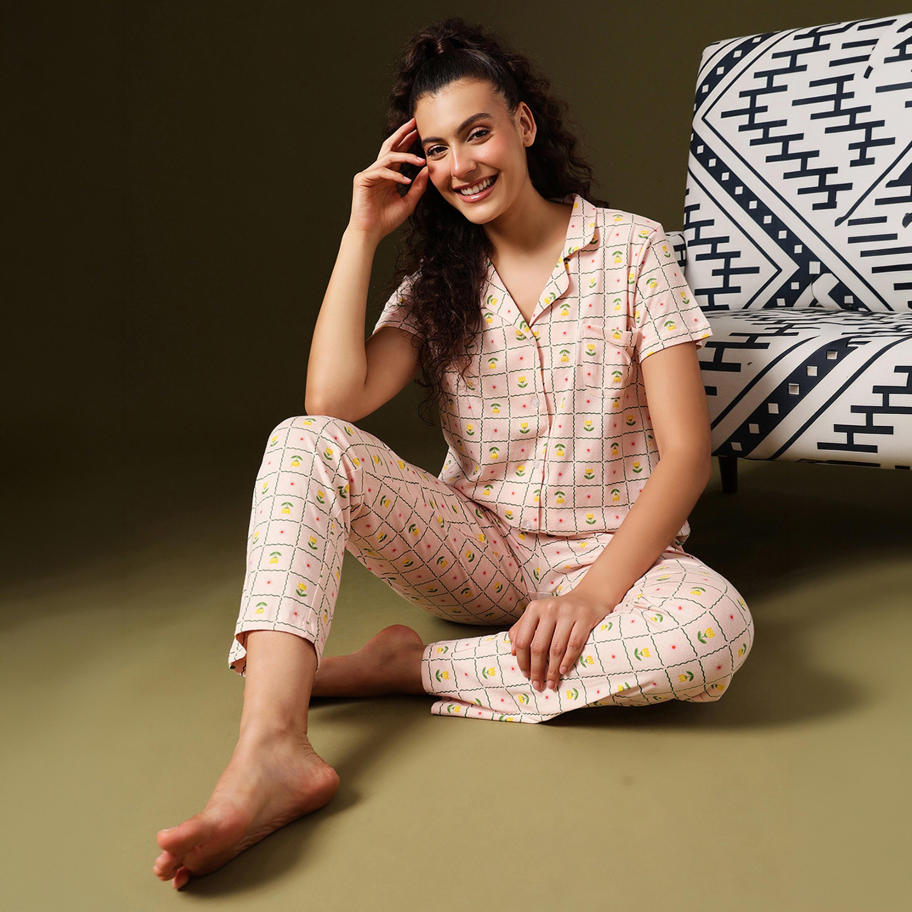 Clovia Printed Button-Down Women's Shirt & Pyjama Set in Peach Colour - 100% Cotton-women-clothing-nightwear-pyjamas-longsets-image-2
