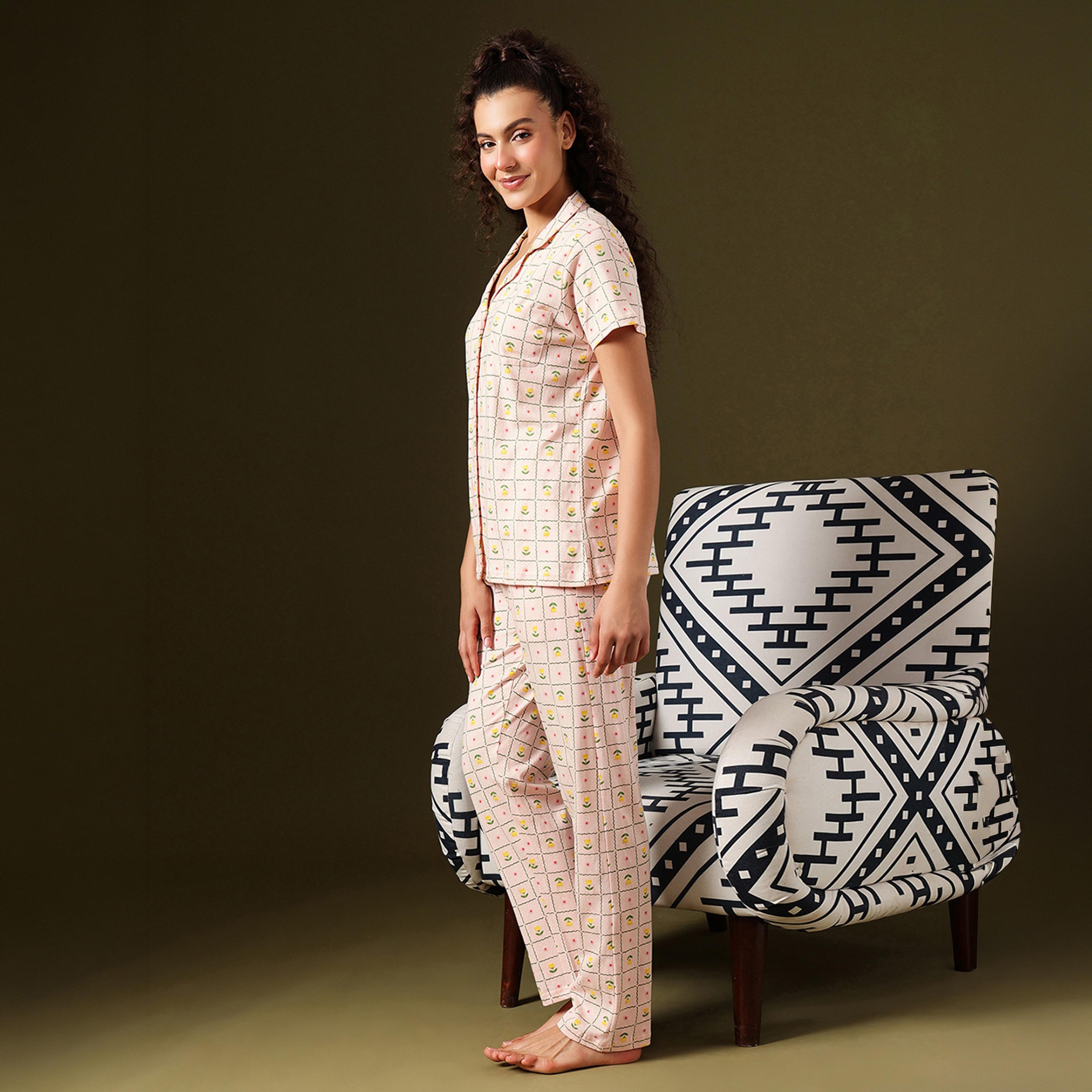 Clovia Printed Button-Down Women's Shirt & Pyjama Set in Peach Colour - 100% Cotton-women-clothing-nightwear-pyjamas-longsets-image-3