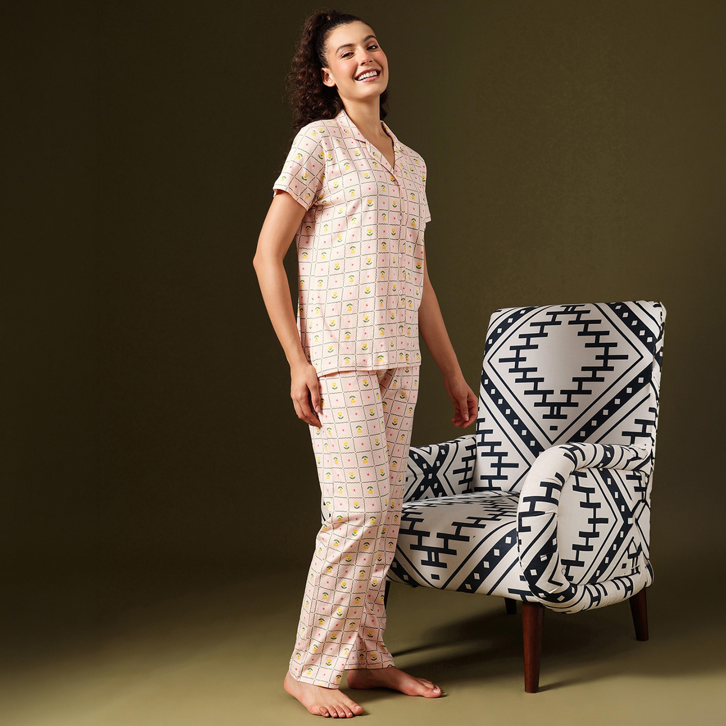 Clovia Printed Button-Down Women's Shirt & Pyjama Set in Peach Colour - 100% Cotton-women-clothing-nightwear-pyjamas-longsets-image-4