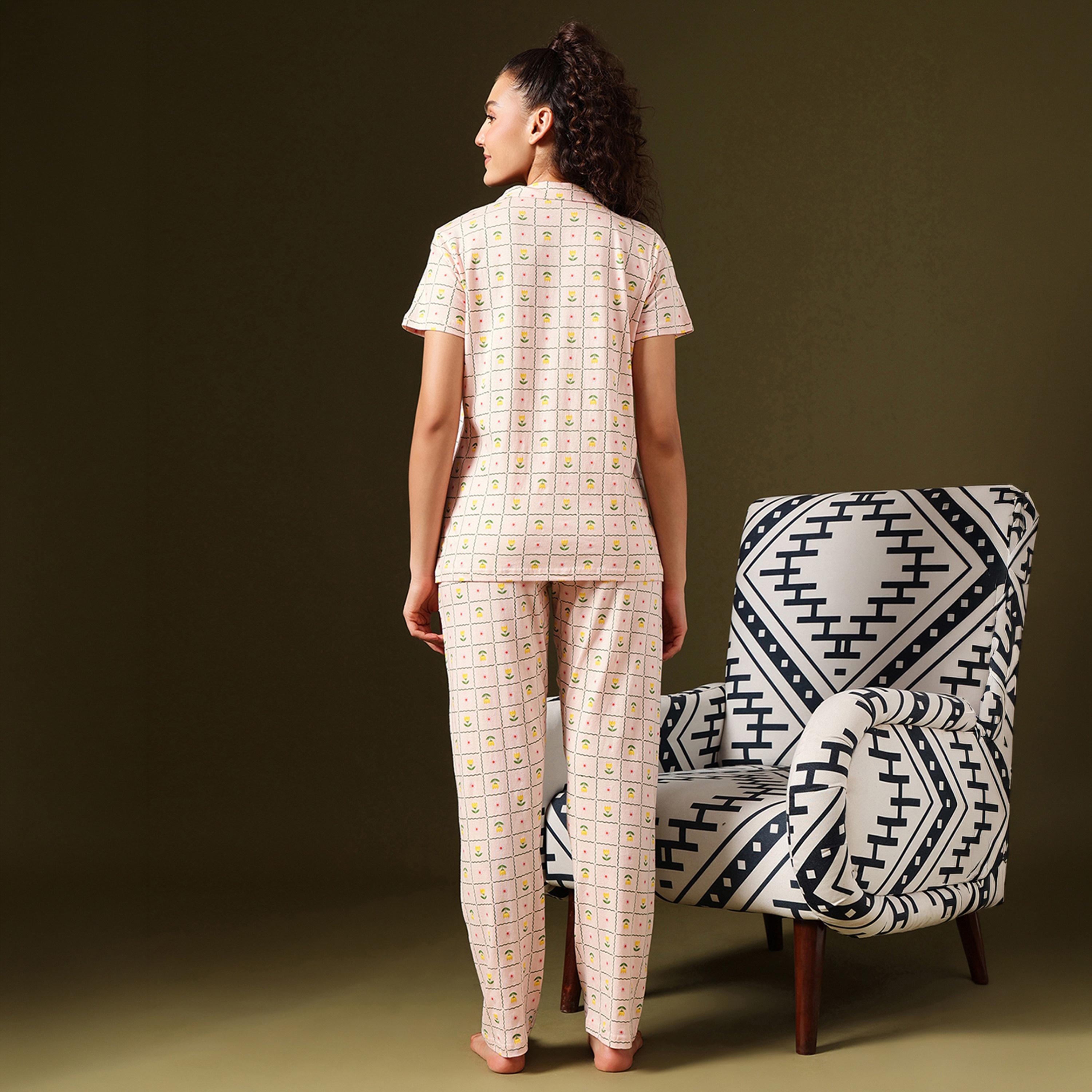 Clovia Printed Button-Down Women's Shirt & Pyjama Set in Peach Colour - 100% Cotton-women-clothing-nightwear-pyjamas-longsets-image-5
