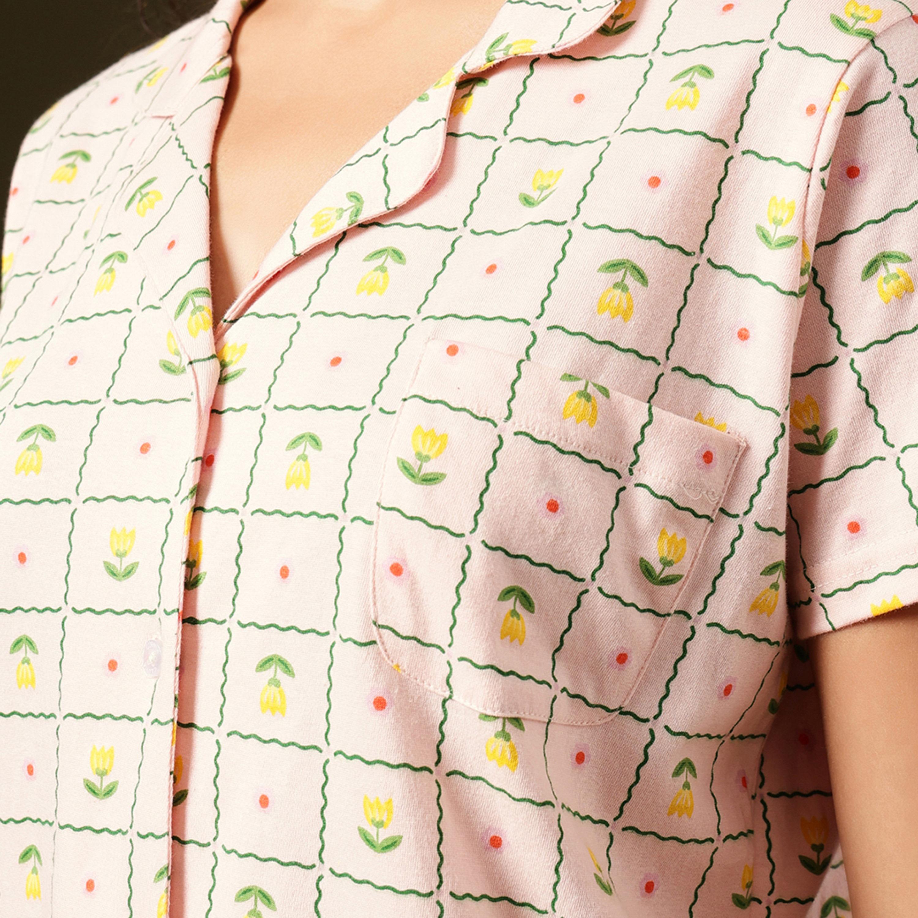 Clovia Printed Button-Down Women's Shirt & Pyjama Set in Peach Colour - 100% Cotton-women-clothing-nightwear-pyjamas-longsets-image-7