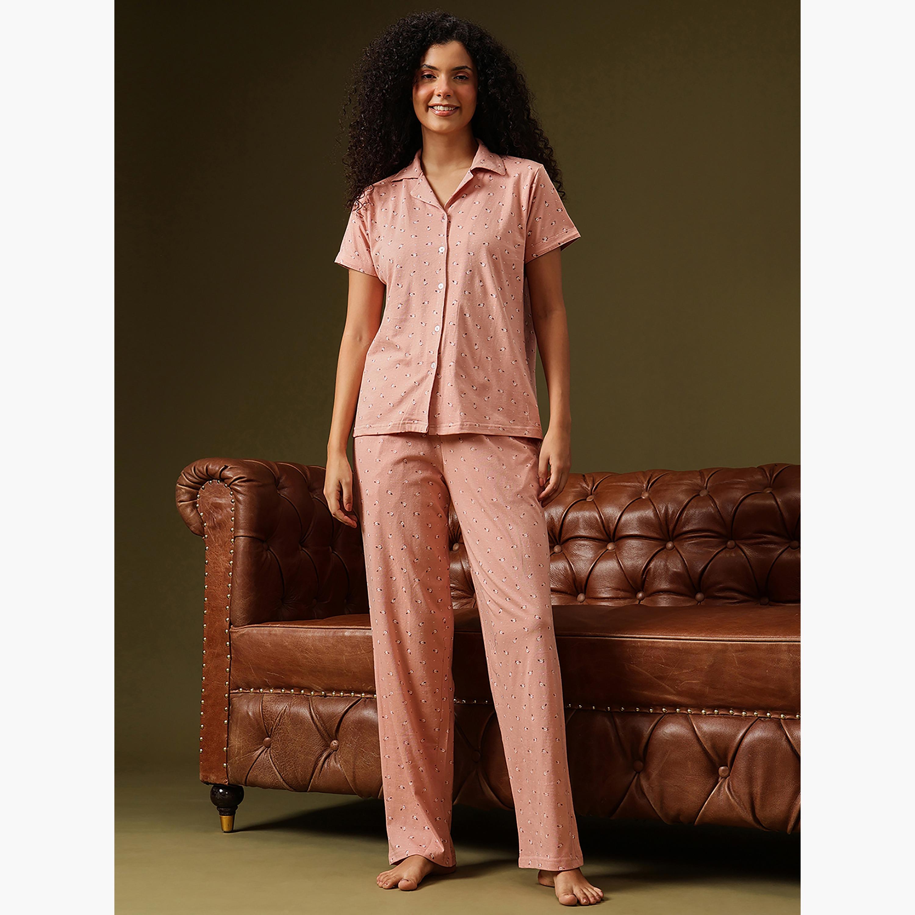 Clovia Floral-Print Button-Down Women's Shirt & Pyjama Set in Peach Colour - 100% Cotton-women-clothing-nightwear-pyjamas-longsets-image-1