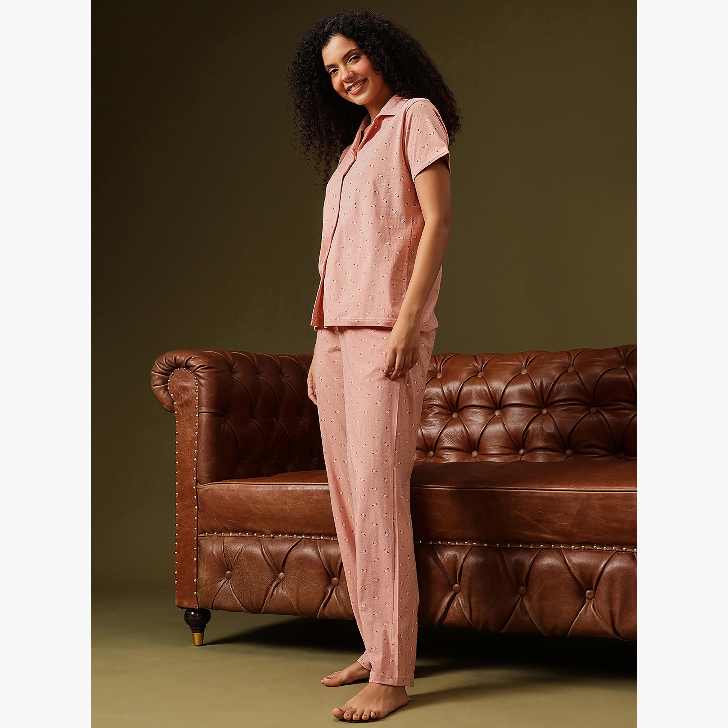 Clovia Floral-Print Button-Down Women's Shirt & Pyjama Set in Peach Colour - 100% Cotton-women-clothing-nightwear-pyjamas-longsets-image-2