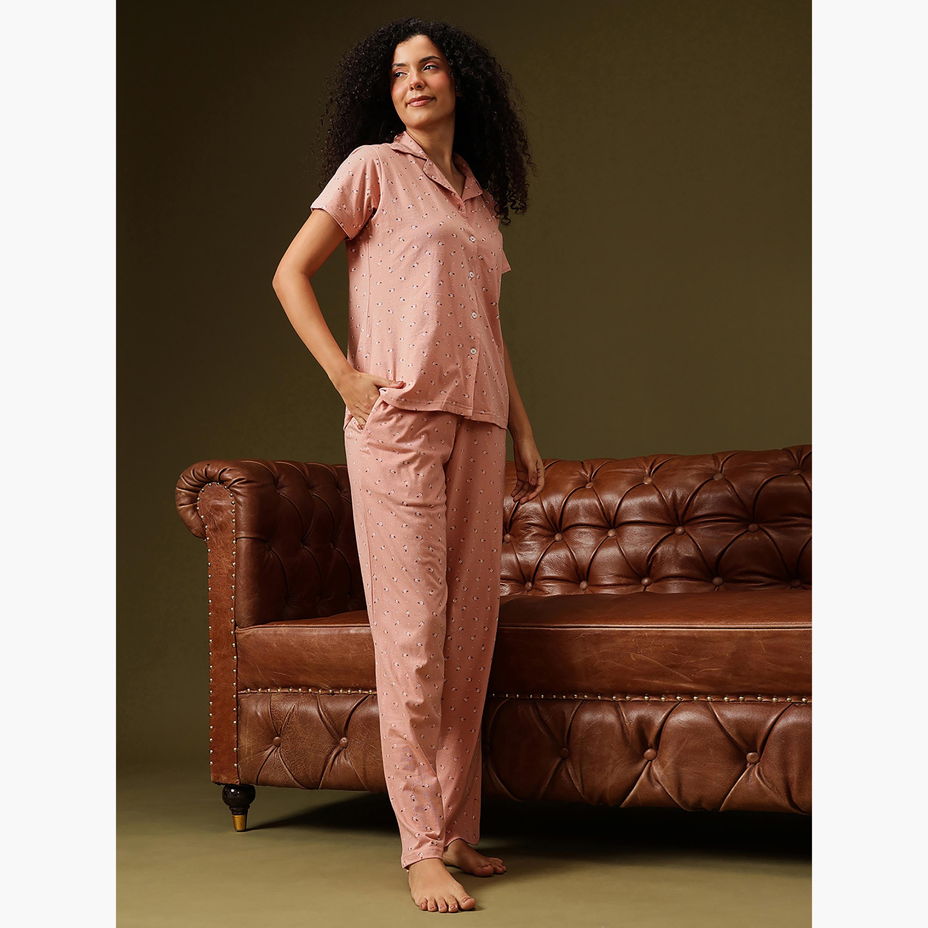 Clovia Floral-Print Button-Down Women's Shirt & Pyjama Set in Peach Colour - 100% Cotton-women-clothing-nightwear-pyjamas-longsets-image-3