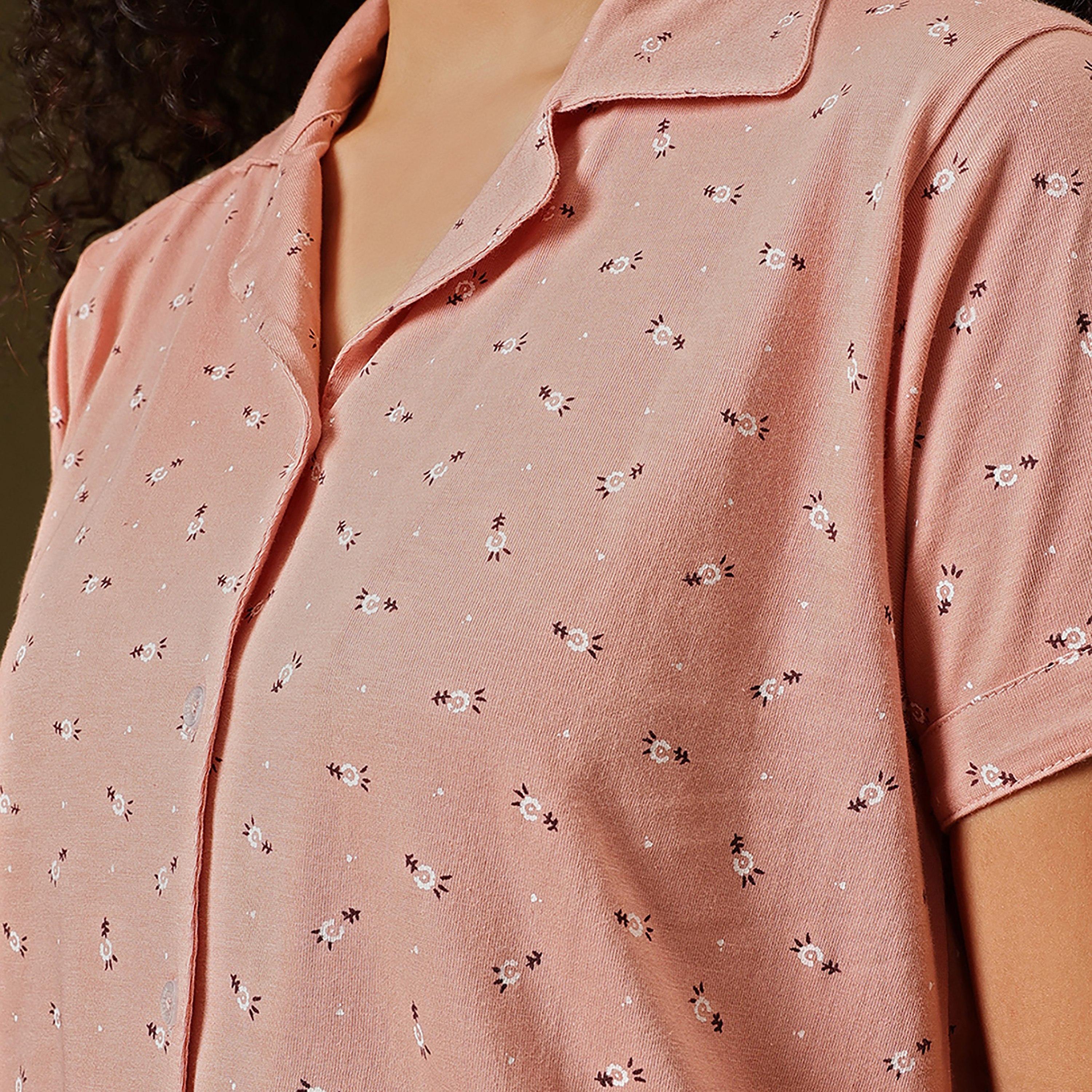 Clovia Floral-Print Button-Down Women's Shirt & Pyjama Set in Peach Colour - 100% Cotton-women-clothing-nightwear-pyjamas-longsets-image-6