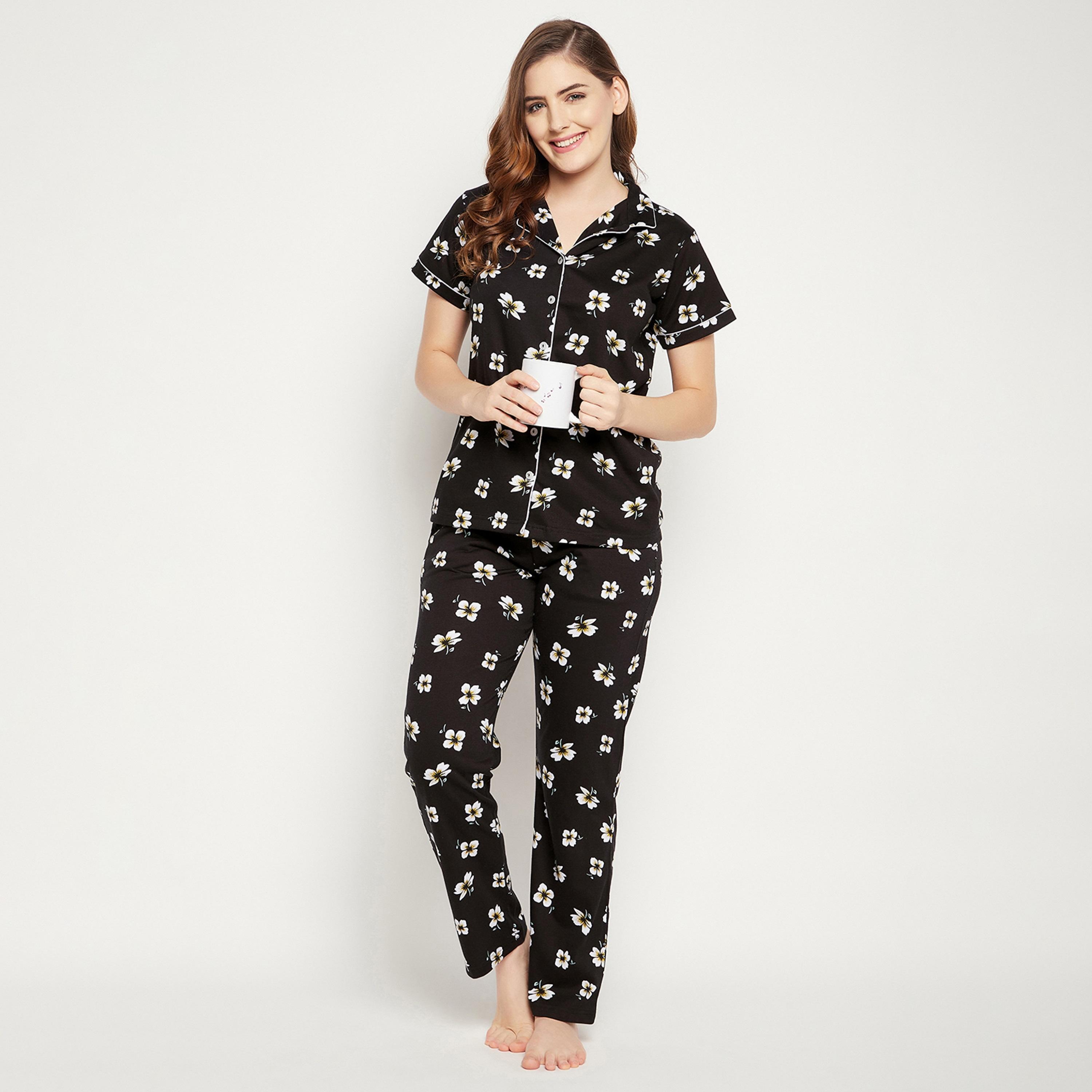طقم قميص وبيجامة نسائي بأزرار من كلوفيا بريتي فلورلز أسود - قطن 100٪-women-clothing-nightwear-pyjamas-longsets-image-2