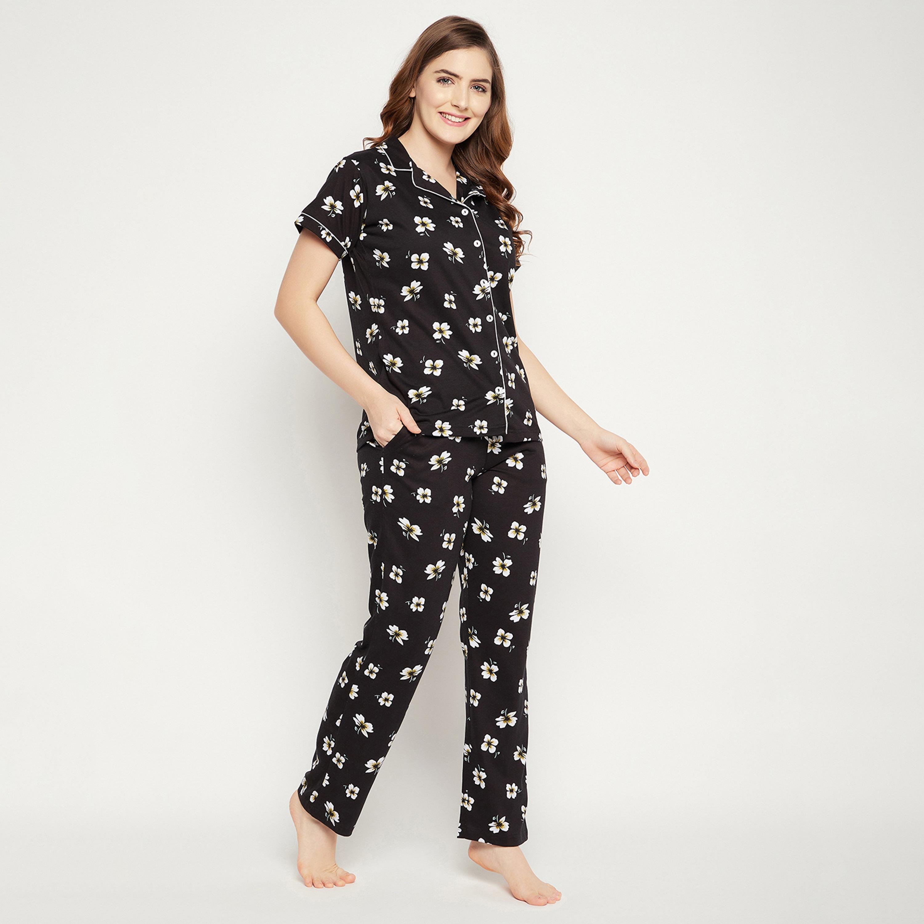 Clovia Pretty Florals Button Down Women's Shirt & Pyjama Set in Black - 100% Cotton-women-clothing-nightwear-pyjamas-longsets-image-3