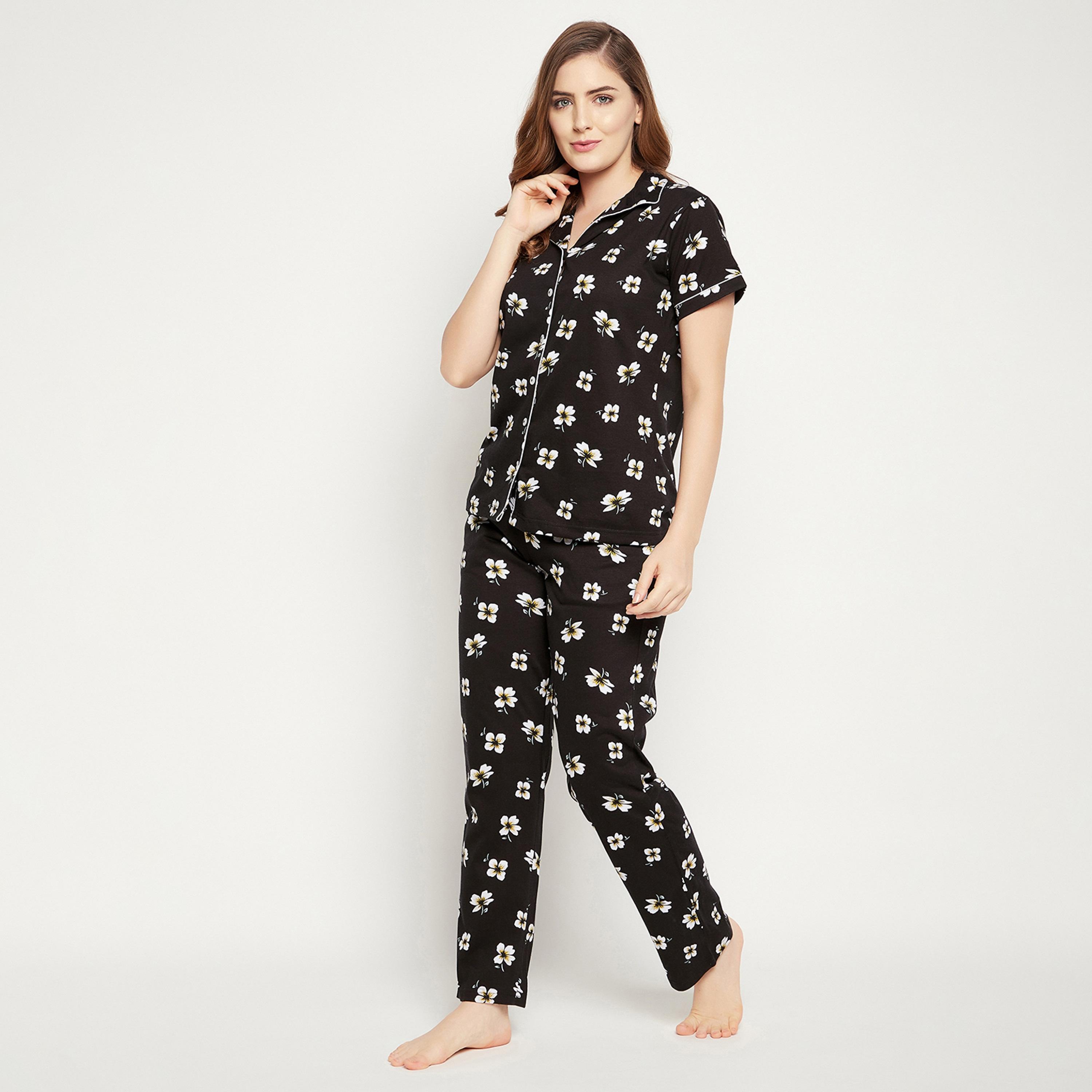 طقم قميص وبيجامة نسائي بأزرار من كلوفيا بريتي فلورلز أسود - قطن 100٪-women-clothing-nightwear-pyjamas-longsets-image-4