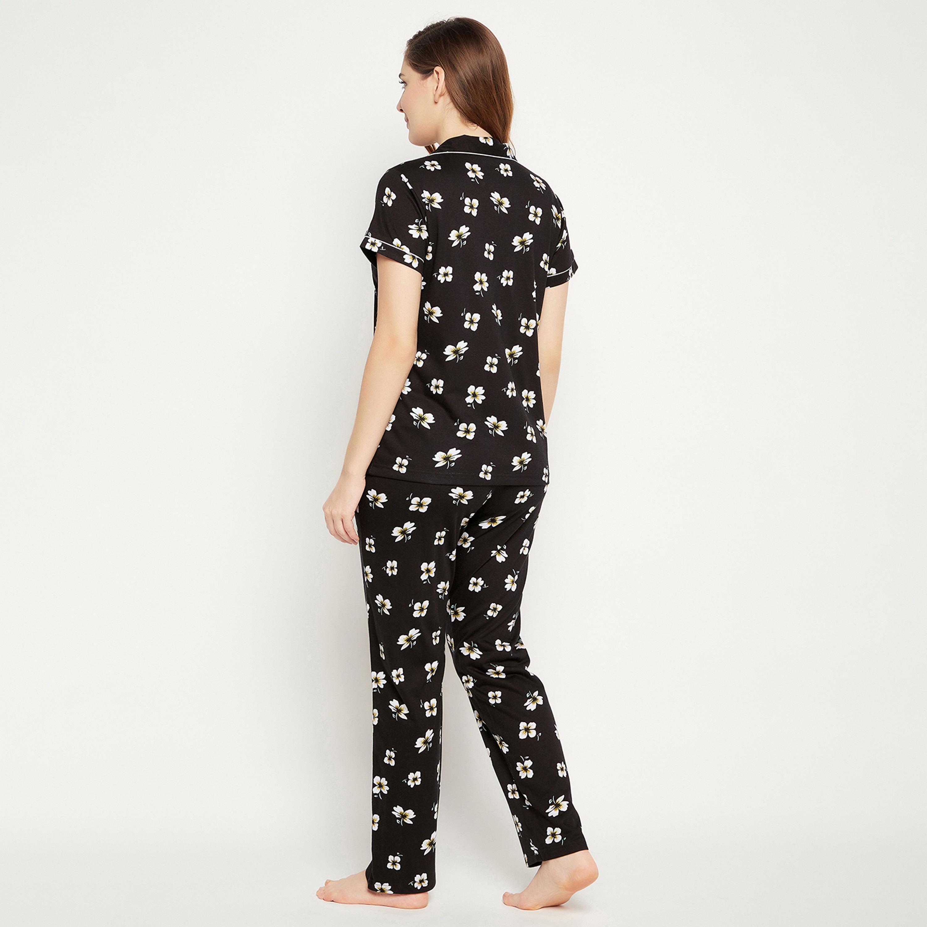 طقم قميص وبيجامة نسائي بأزرار من كلوفيا بريتي فلورلز أسود - قطن 100٪-women-clothing-nightwear-pyjamas-longsets-image-5